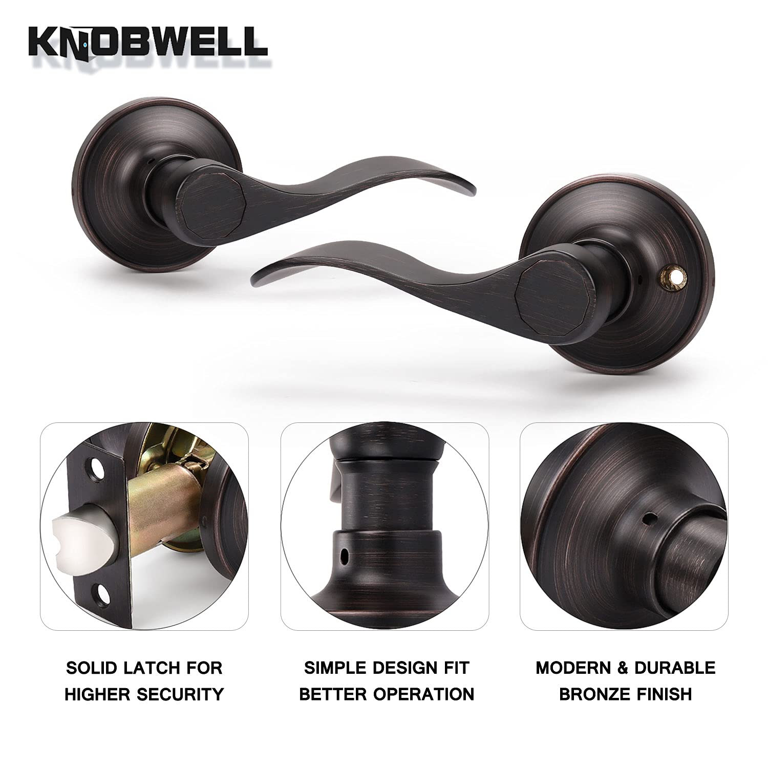 KNOBWELL 3-Pack Non-Locking Door Lever Set - Oil Rubbed Bronze for Hallway & Closet - Reversible Left/Right