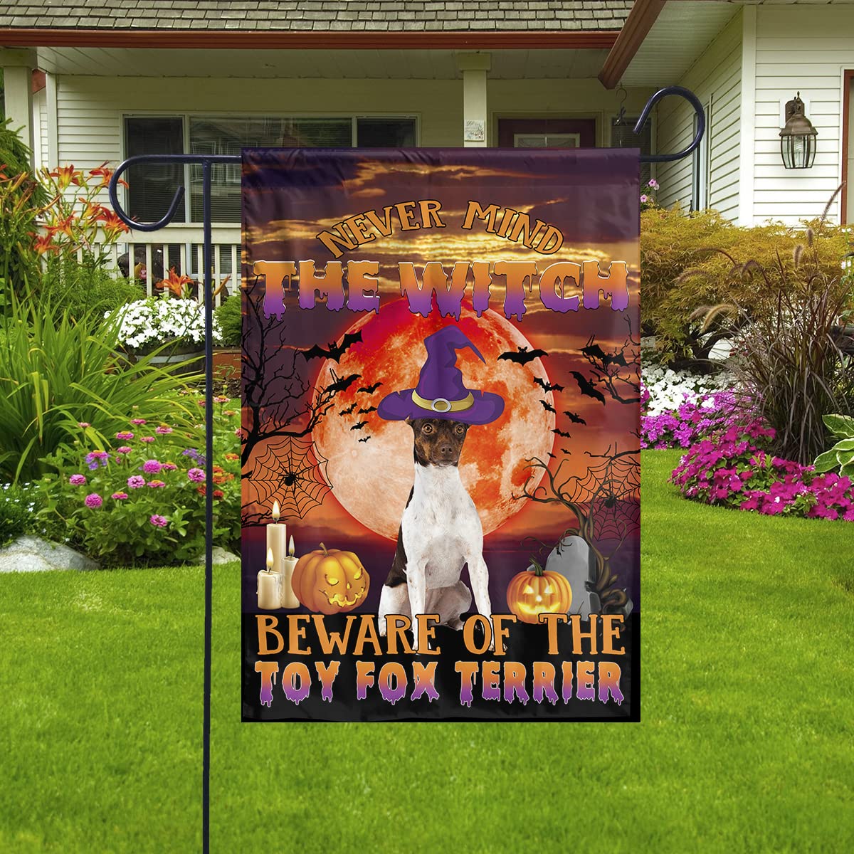 Toy Fox Terrier Halloween Flag - Beware The Witch Design for Dog Lovers - Outdoor Garden & Yard Decoration - Perfect for Halloween Decor, Pet-Themed Parties, and Seasonal Home Display