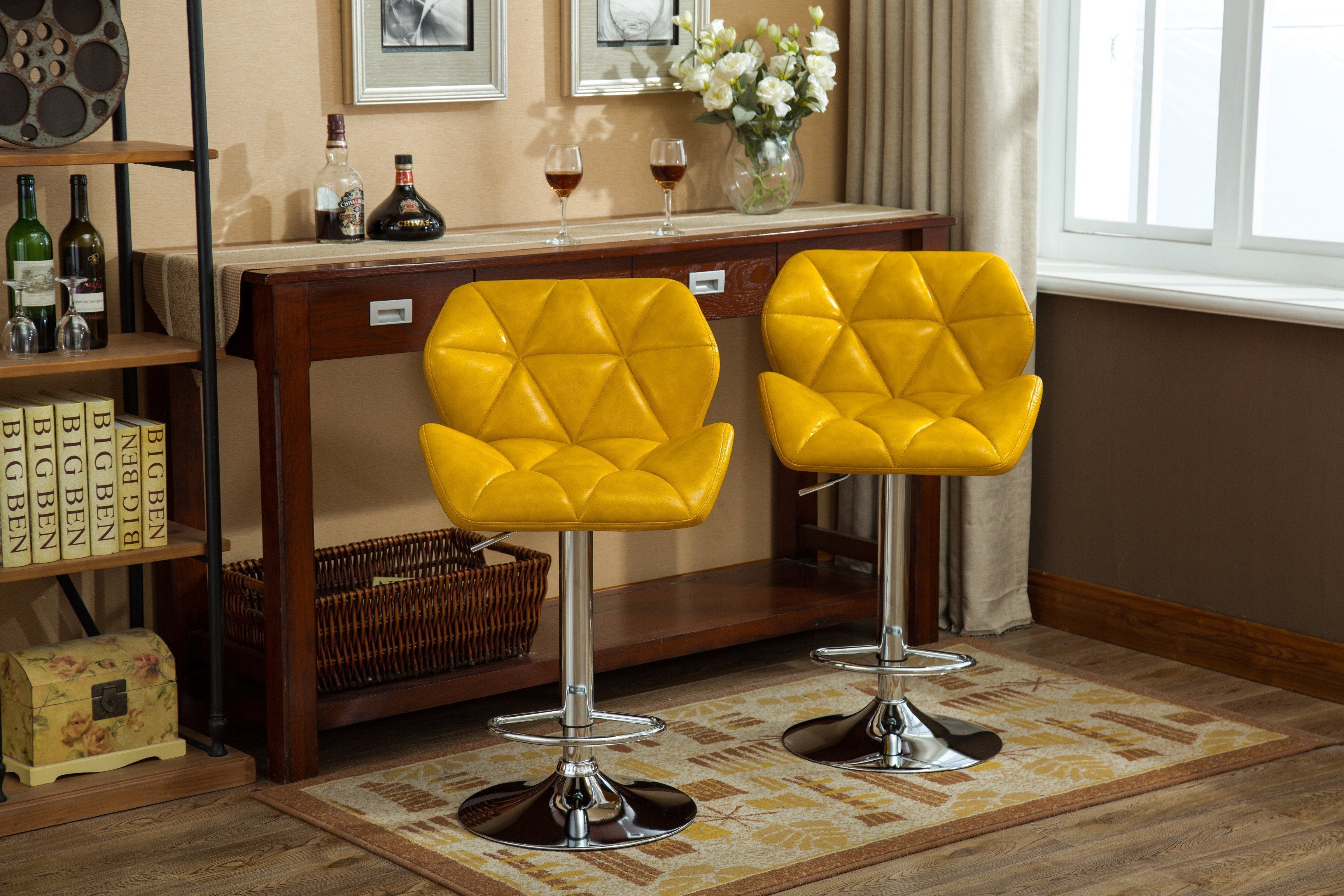 Roundhill Furniture Glasgow Contemporary Tufted Adjustable Height Hydraulic Bar Stools, Set of 2, Yellow - Perfect for Kitchen Islands, Home Bars & Modern Dining Areas