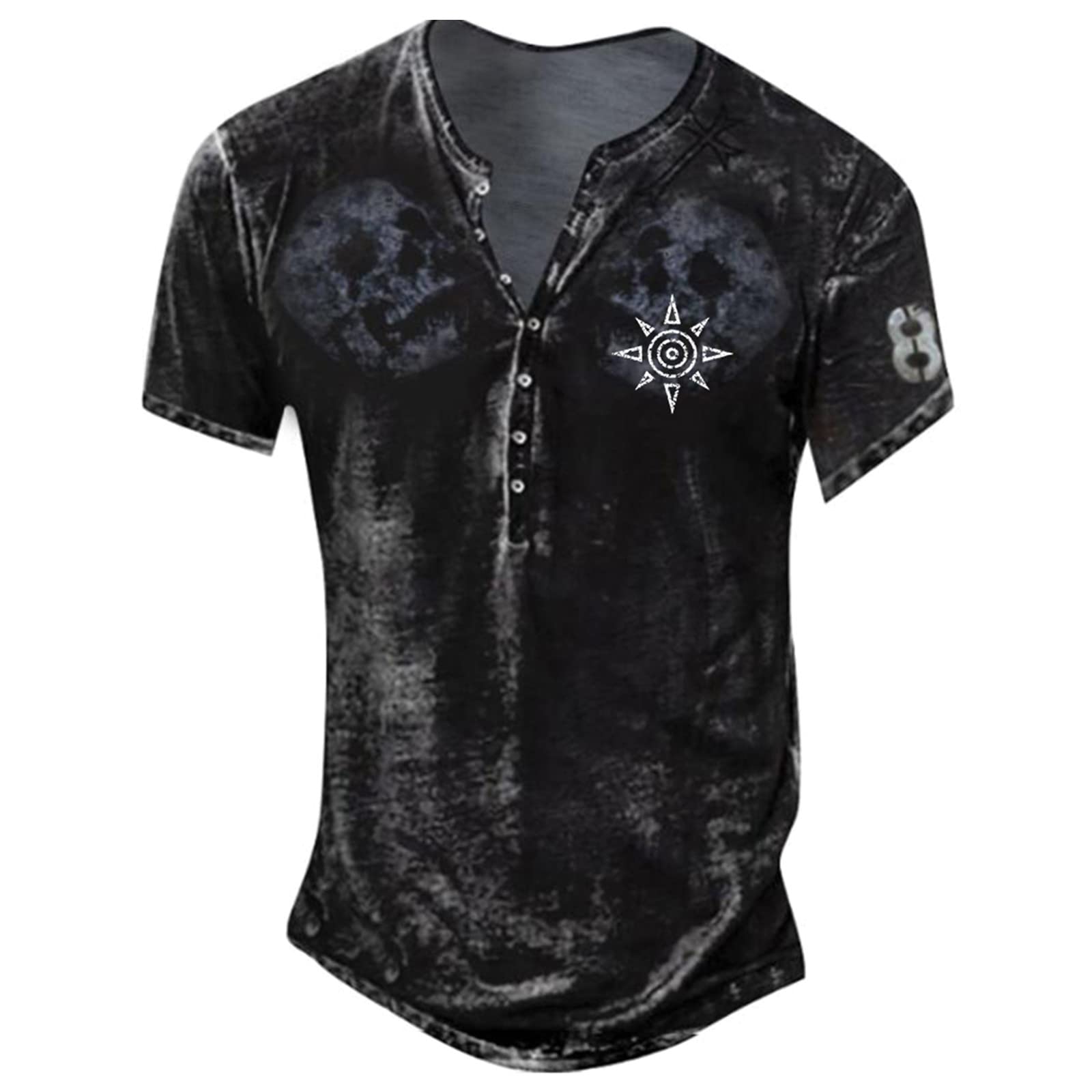 Vintage Distressed Men's T-Shirt - Retro 3/4 Sleeve Tee with Henry Collar | Crewneck Casual Top for Men | Perfect for Streetwear, Layering & Everyday Fashion