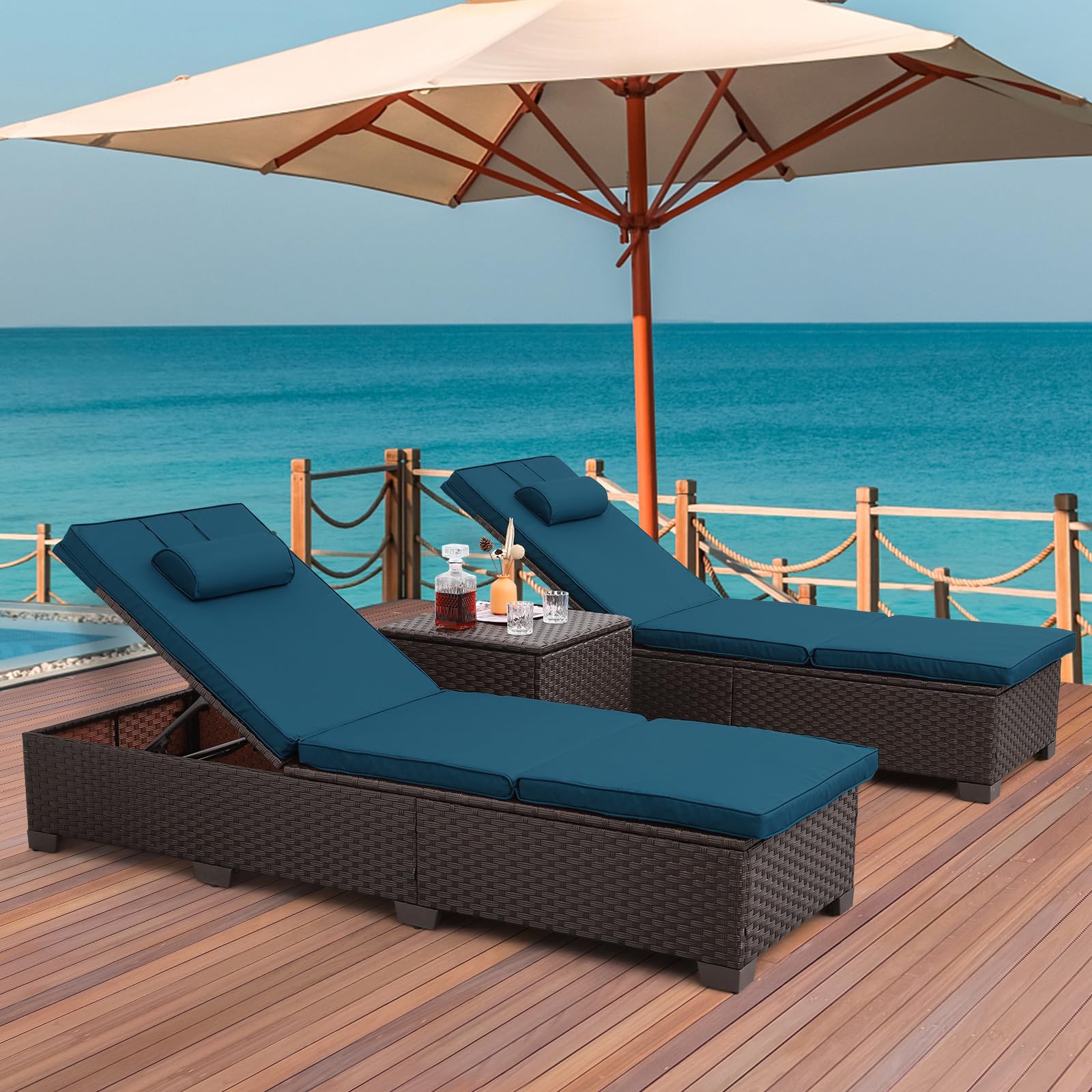 Outdoor PE Wicker Chaise Lounge Set of 3 - Brown Rattan Patio Furniture with Adjustable Backrest & Peacock Blue Cushions - Poolside Lounge Chairs with Storage Table for Backyard, Garden, and Beach Relaxation