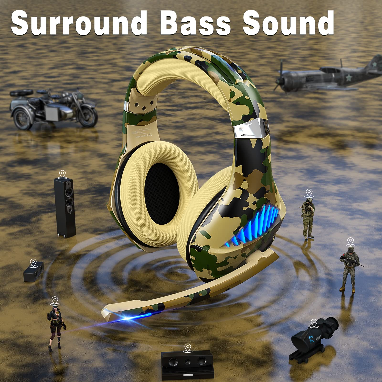 Best Noise Cancelling Gaming Headset for PS5, PS4, Xbox ONE, Switch & PC - Over-Ear Stereo Bass Surround Sound Headphones (Camo Design) - Perfect for Competitive Gaming & Online Chat