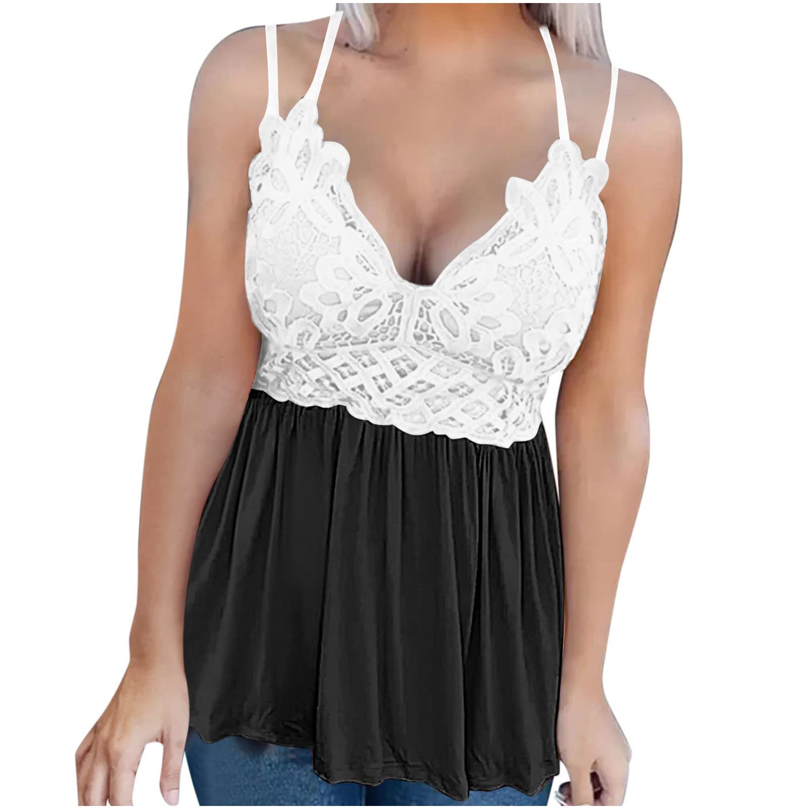 Women's Sexy Lace Patchwork Spaghetti Strap Tank Top - Deep V Neck Halter Blouse for Teens & Young Adults | Perfect for Summer, Beach, Parties & Casual Wear