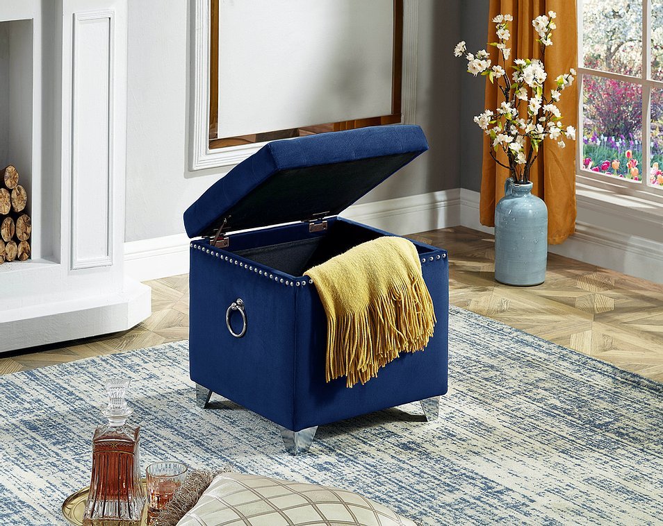 Blue Velvet Storage Ottoman with Deep Tufting - Stylish Footrest & Hidden Storage Bench for Living Room, Bedroom & Dorm | Multi-Functional Seat & Organizer