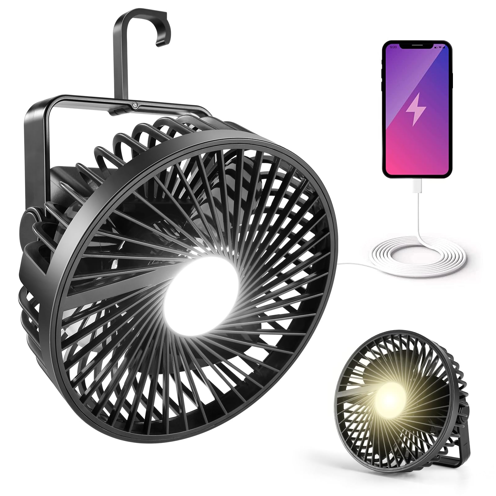 Odoland Rechargeable Camping Fan with LED Lantern - Portable Battery Operated Tent Fan with Hang Hook & USB Power - Perfect for Outdoor Adventures, Emergency Power Outages, Hurricane Preparedness, and Indoor/Outdoor Use