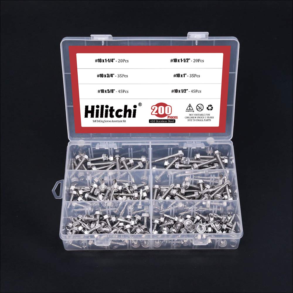 Hilitchi 410 Stainless Steel #10 Hex Washer Head Self-Drilling Sheet Metal Screws - 200-Piece Assortment Kit with Drill Point for DIY Projects, Roofing, and Metal Fabrication