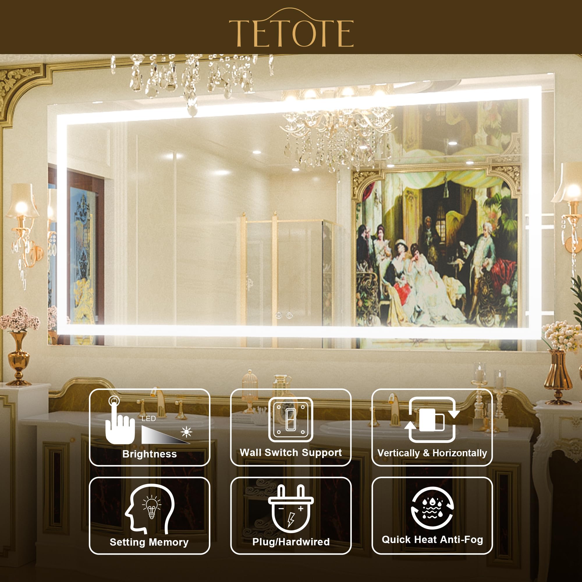 TETOTE 60 x 36 Inch LED Bathroom Mirror with Lights - Shatterproof Tempered Glass, Waterproof, Horizontal/Vertical Mounting for Modern Vanity & Makeup Area - Perfect for Bathrooms, Dressing Rooms & Salon Stations
