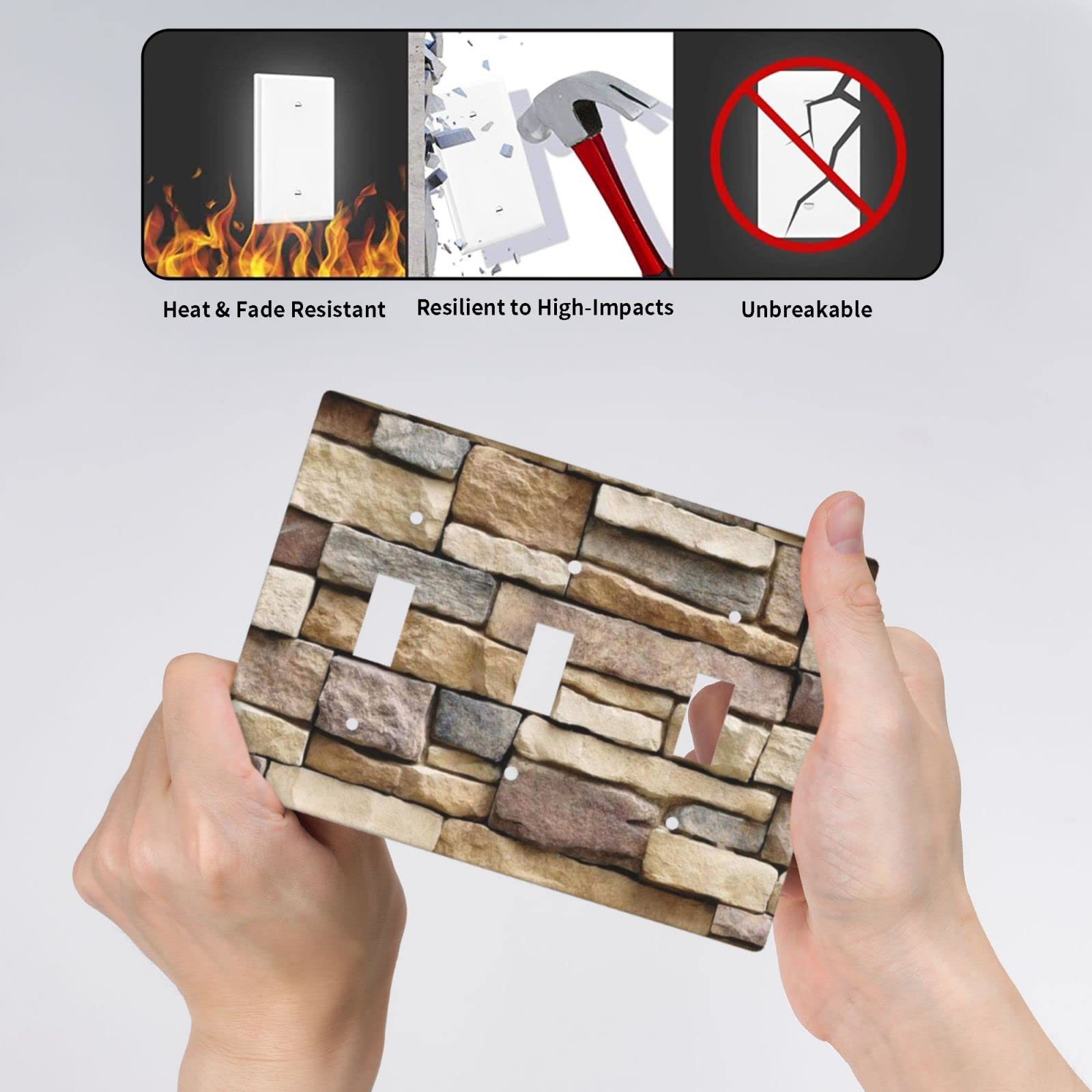 Funny Stone Decorative Light Switch Cover - Triple Toggle 3 Gang Wall Plate for Bathroom, Kitchen & Bedroom - 4.50 x 6.38 Inch Rock Texture Faceplate - Unique Home Decor Accessory for Modern Interiors