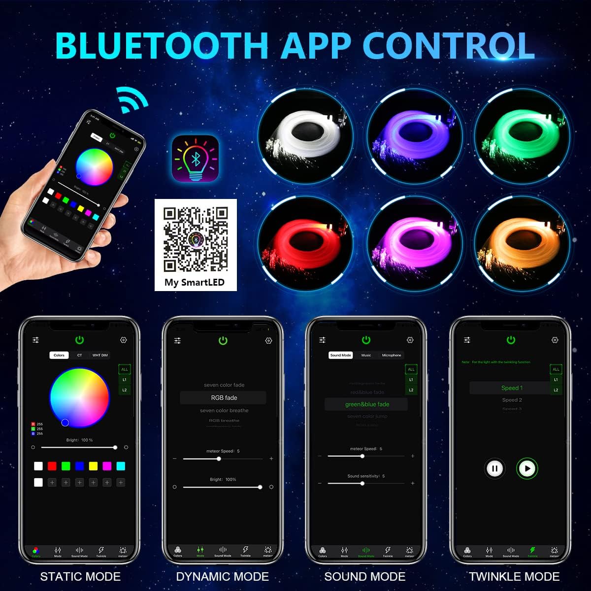 AMKI 32W High Brightness Fiber Optic Star Ceiling Kit - 1000pcs Twinkle Lights, 0.03in 16.4ft RGBW Fiber Strands with Sound Activation & APP Remote Control for Car, Home, Bedroom, Theater Ceiling Decoration | Create Stunning Galaxy Effects for Parties, Romantic Nights & Home Theater Ambiance