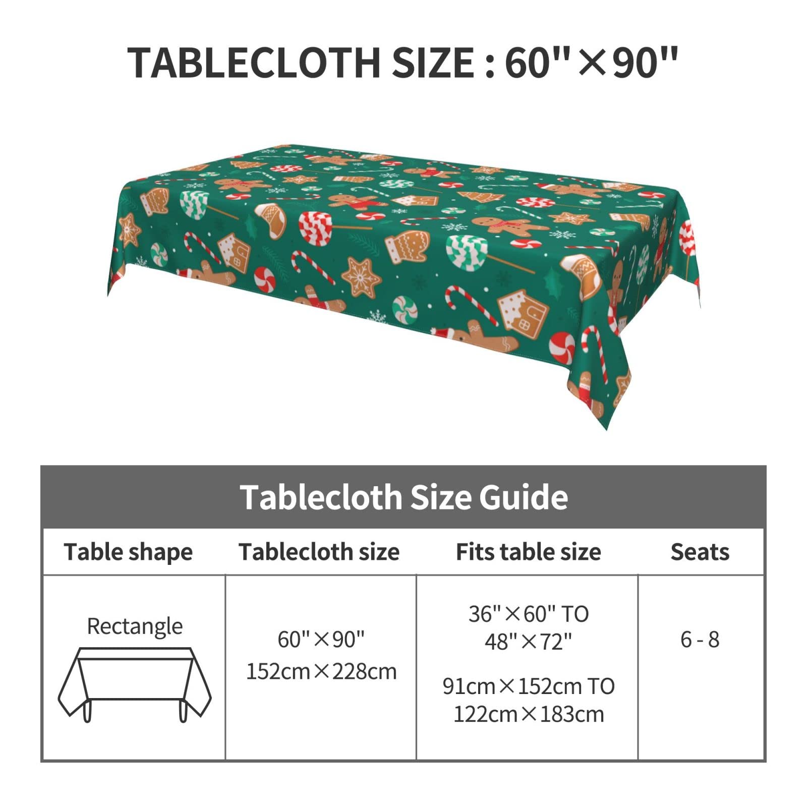 Gingerbread Man Christmas Candy Cane Tablecloth - 60x90 Inch Washable Rectangle Table Cover for Kitchen, Dining, Holiday Party Decorations | Perfect for Christmas Dinner, Cookie Exchange & Winter Celebrations