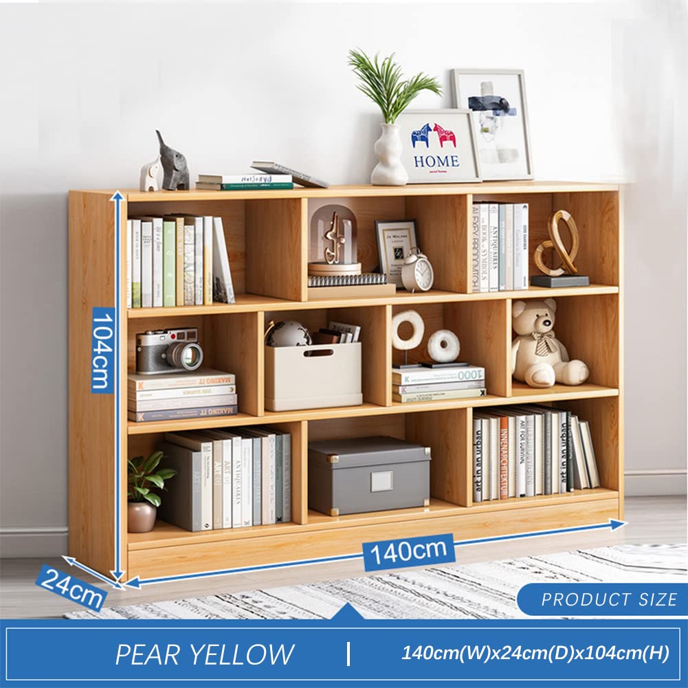 IOTXY 3-Tier Open Shelf Bookcase - Wooden Floor Standing Display Cabinet with 10 Cubes, Short Horizontal Bookshelf Organizer in Pear Yellow | Perfect for Living Room, Bedroom & Office Storage