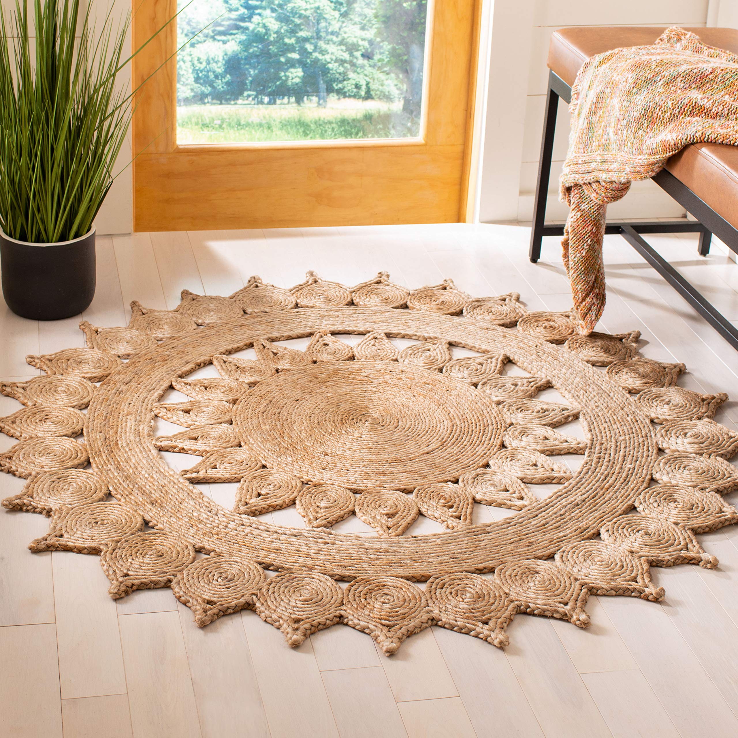 SAFAVIEH Natural Fiber Collection Handmade Jute Area Rug - 6' Round, Boho Country Charm, Eco-Friendly Floor Mat for High Traffic Living Room, Bedroom & Dining Room Decor (NFB246A) | Perfect for Farmhouse, Coastal & Bohemian Home Styles