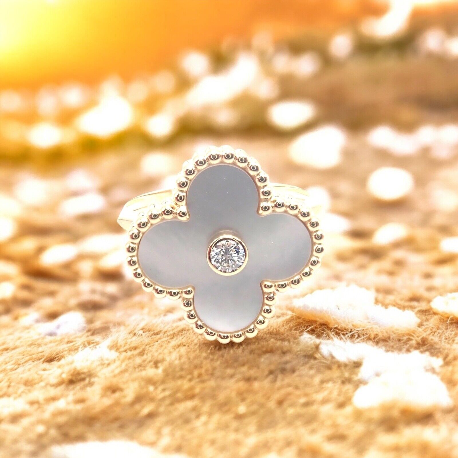 Van Cleef & Arpels Vintage Alhambra 18k Yellow Gold Mother of Pearl Diamond Ring - Luxury Jewelry for Women, Elegant Gift for Anniversary & Special Occasions