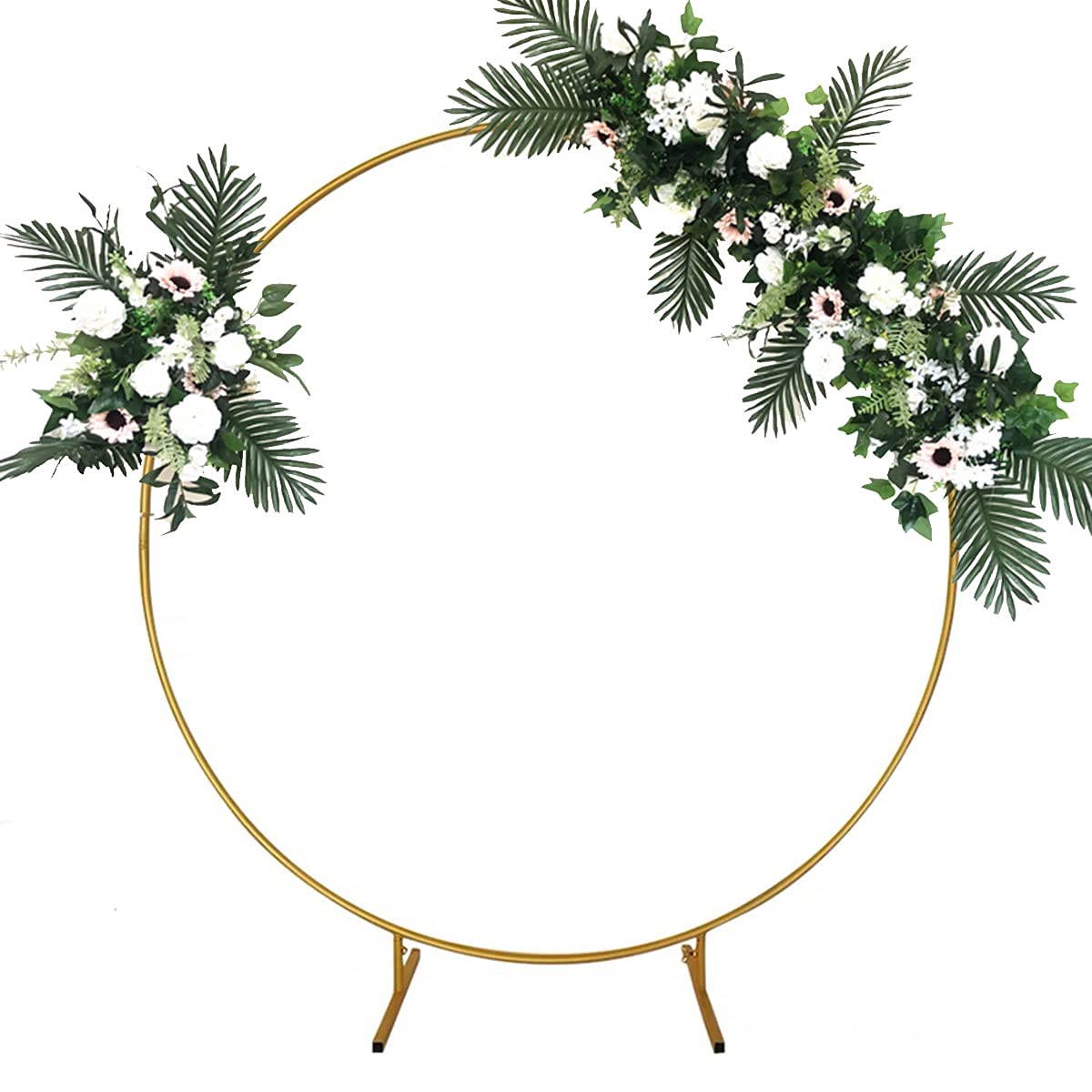 Metal Garden Arch - Round Iron Wedding Arch with Flower Backdrop, Balloon Decor & Shelf for Outdoor Weddings, Lawn Parties & Gardening - Golden Finish