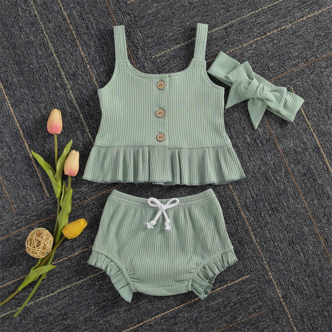 Newborn Baby Girl Summer Outfit Set - Knitted Suspender Dress with Ruffle Top & Shorts | Soft & Comfortable Infant Clothes for 0-24 Months | Perfect for Summer Photoshoots, Family Outings & Special Occasions