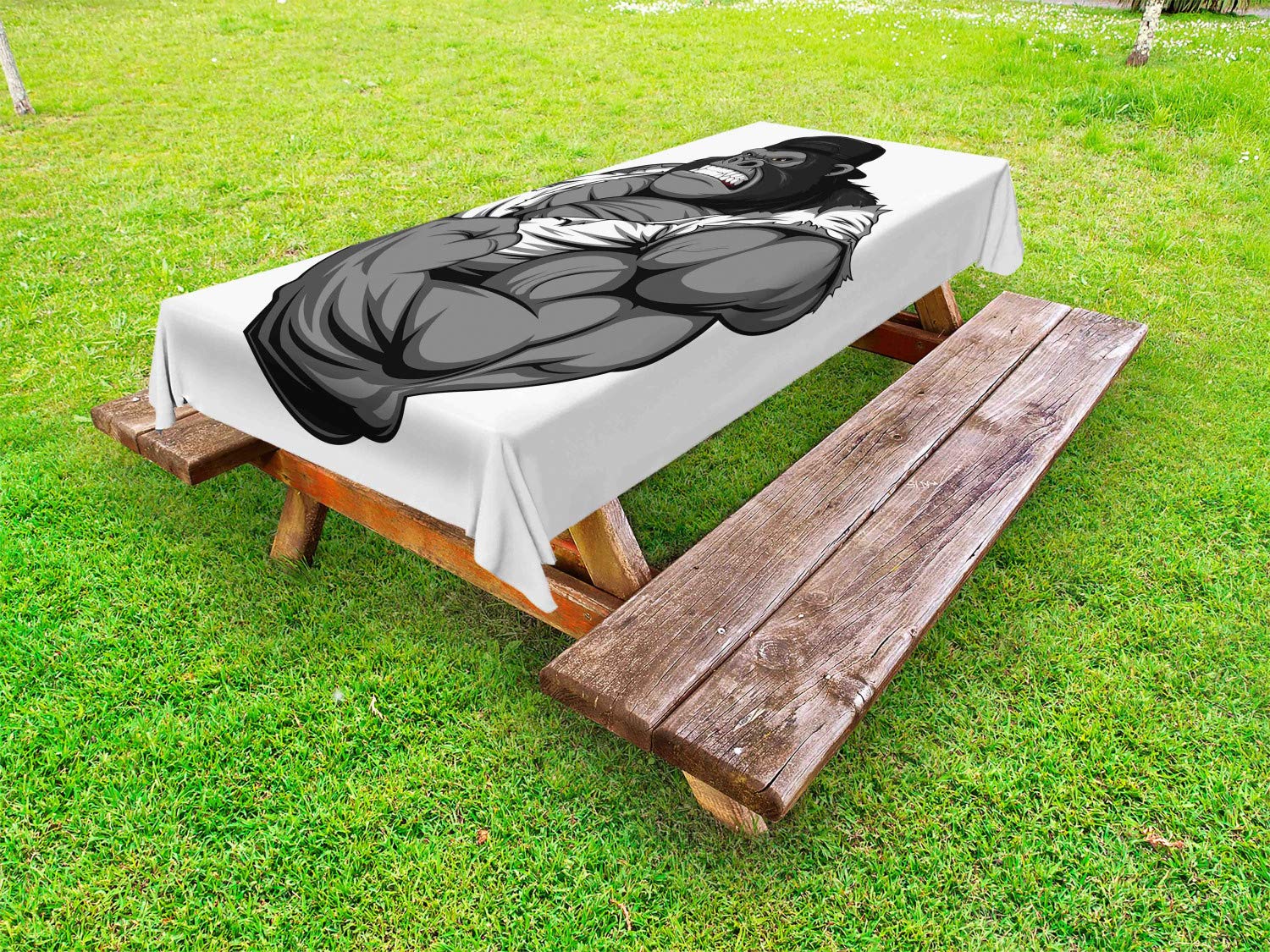 Ambesonne Cartoon Gorilla Tablecloth - Washable Outdoor Picnic Table Cover 58x104 Inches, Black White Grey - Perfect for Gym Themed Parties, BBQs, and Animal Lover Decor