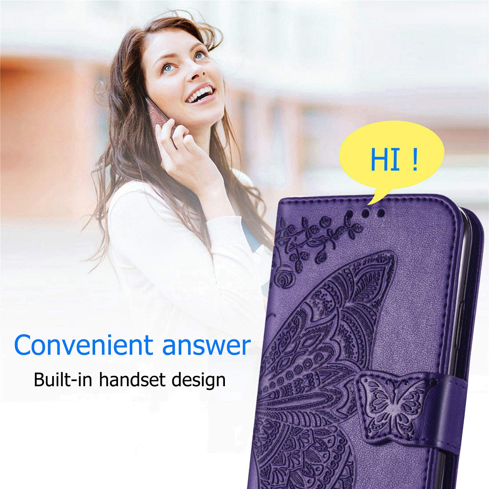 Premium PU Leather Flip Wallet Case for iPhone 15 with Wrist Strap - Credit Card Holder, Kickstand & Embossed Butterfly Flower Design (Purple) | Perfect for Everyday Use, Travel & Hands-Free Convenience