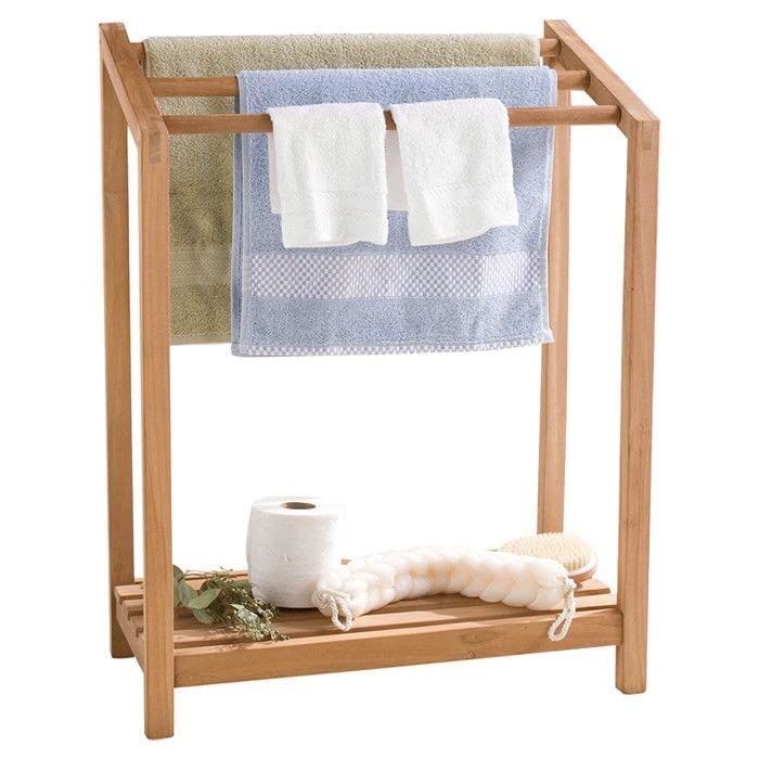 Premium Wooden Freestanding Multi-Tier Towel Rack Stand with Shelf - Bathroom, Bedroom, Kitchen & Gym Towel Organizer - Space-Saving Ladder Style Towel Holder for Hand, Bath & Kitchen Towels
