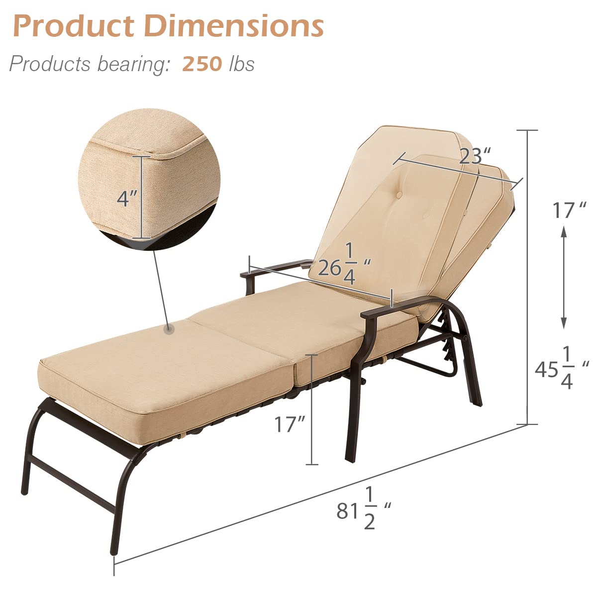 U-MAX Adjustable Outdoor Chaise Lounge Chair - Patio Recliner with Armrest & Cushion - Waterproof & Durable Furniture for Deck, Poolside, Backyard, Beach - Perfect for Sunbathing & Relaxation (Beige, 1 Piece)
