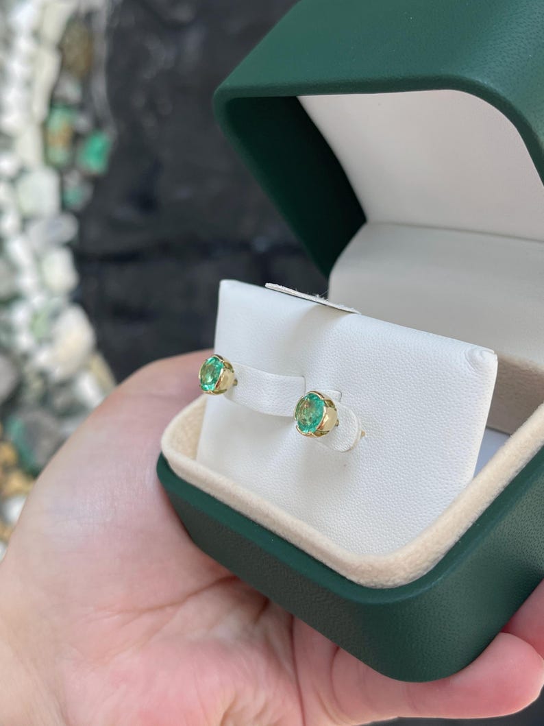 2.0tcw 14K Gold Semi Bezel Colombian Emerald Round Stud Earrings for Women – Elegant Jewelry Gift for Birthday, Anniversary & Special Occasions