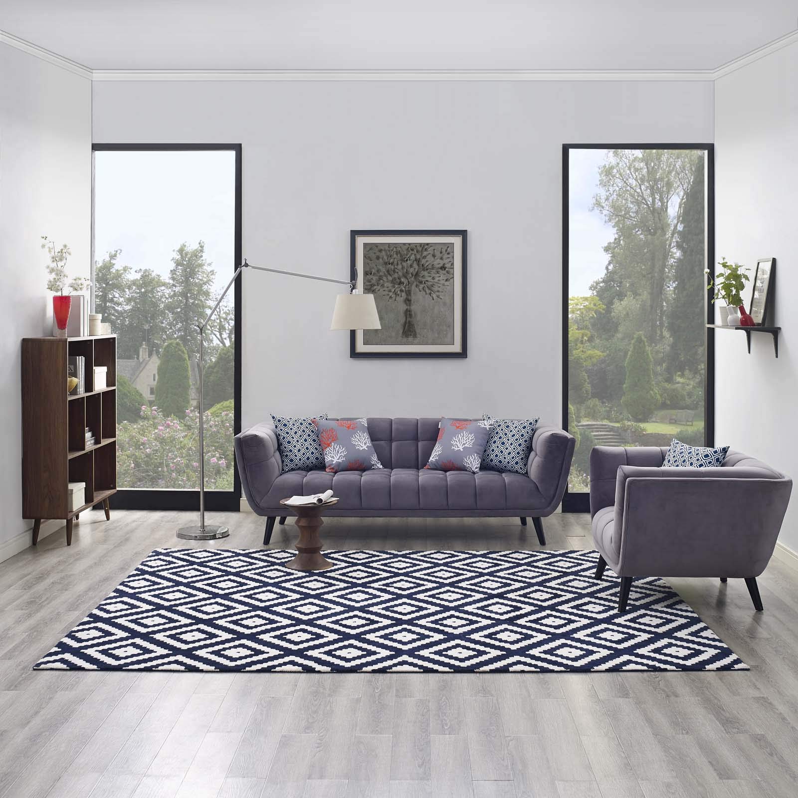 Modern Contemporary Urban Living Room Area Rug - Non-Slip Floor Carpet Runner in Multi Navy Blue Fabric - Perfect for Lounge, Bedroom, and Hallway Decor