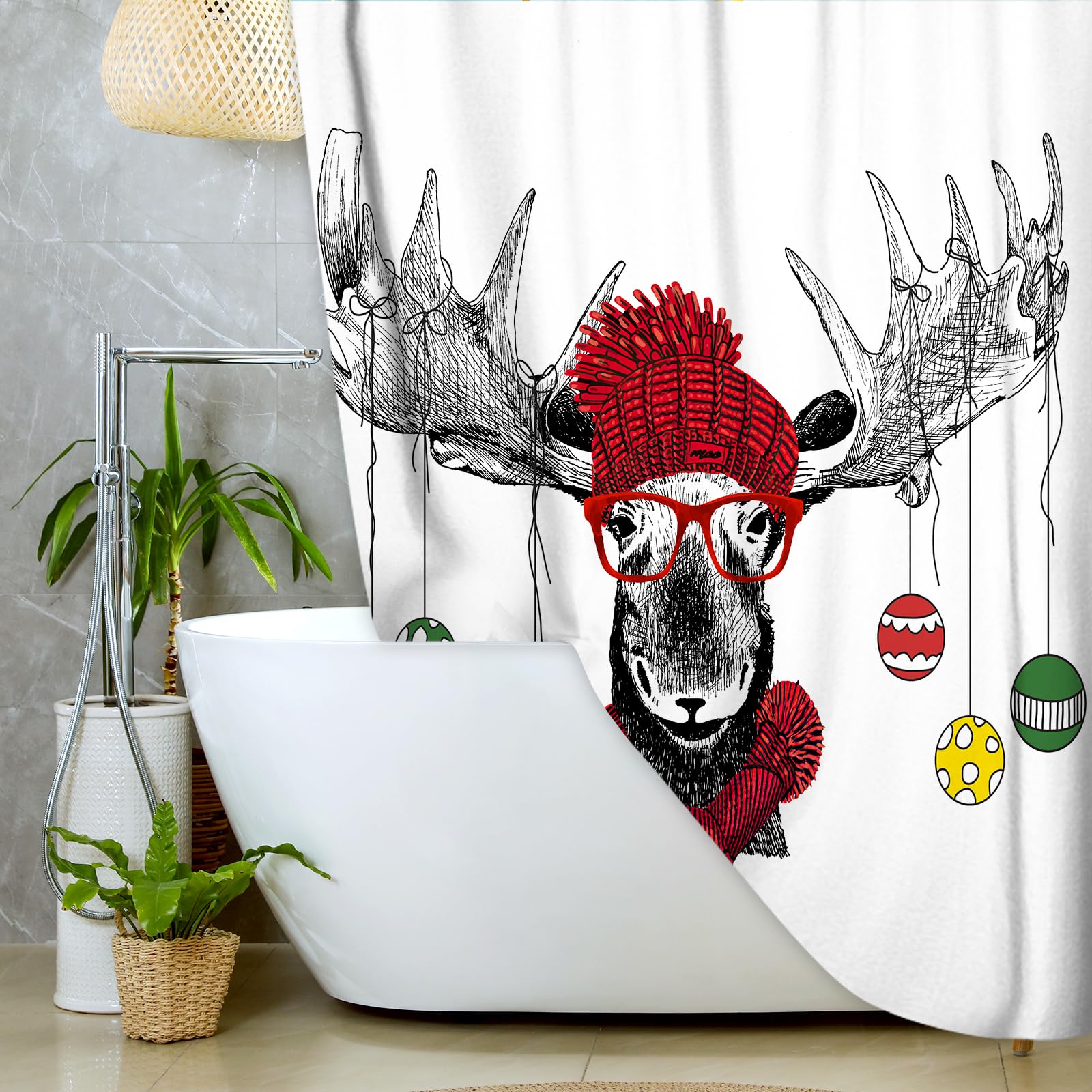 JAWO Funny Christmas Reindeer Shower Curtain with Ornament Ball Hangings - 47x64 Inches Small Bathroom Decor for RV, Stall & Holiday Bathroom Decorations - Perfect for Christmas Party, Winter Home Decor & Festive Bathroom Makeover