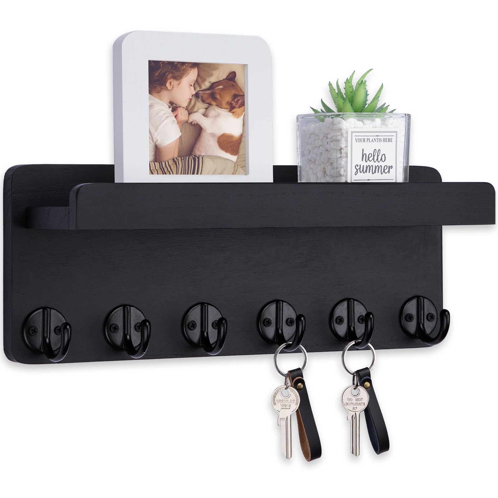 12.9 Inch Wooden Wall Key Holder with 6 Hooks & Display Shelf - Entryway Organizer for Keys, Mail & Small Items - Perfect for Living Room, Kitchen, Hallway & Office (Black)