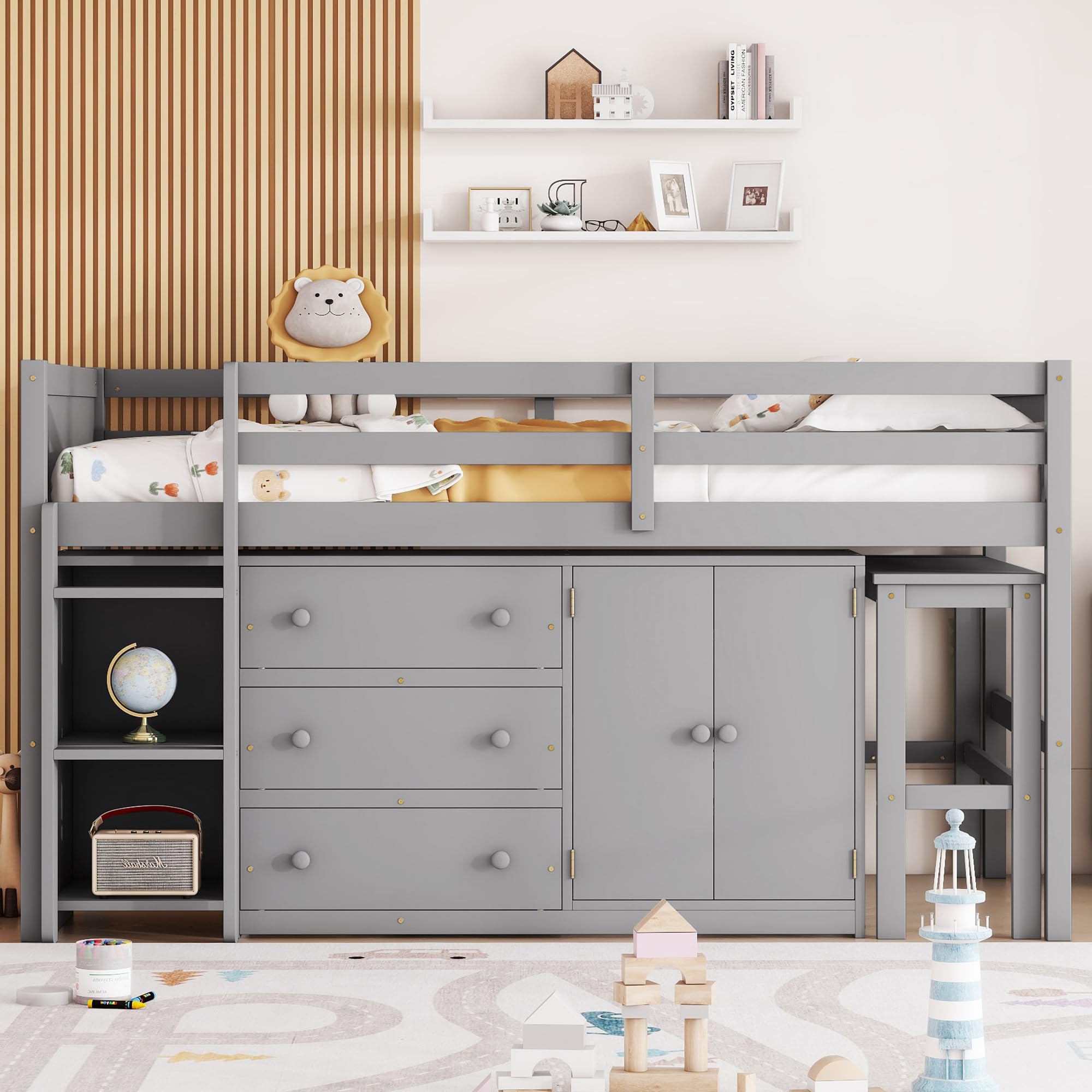 SOFTSEA Twin Size Low Loft Bed with Pull-Out Desk, Drawers, Cabinet & Shelves - Sturdy Wood Frame with Support Slats - Space-Saving Gray Loft Bed for Kids & Teens - Perfect for Small Bedrooms, Dorms & Studio Apartments