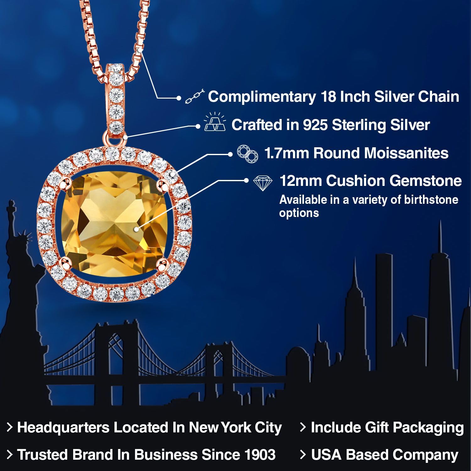 18K Rose Gold Plated Silver 12MM Cushion Gemstone & White Moissanite Birthstone Necklace for Women | 18