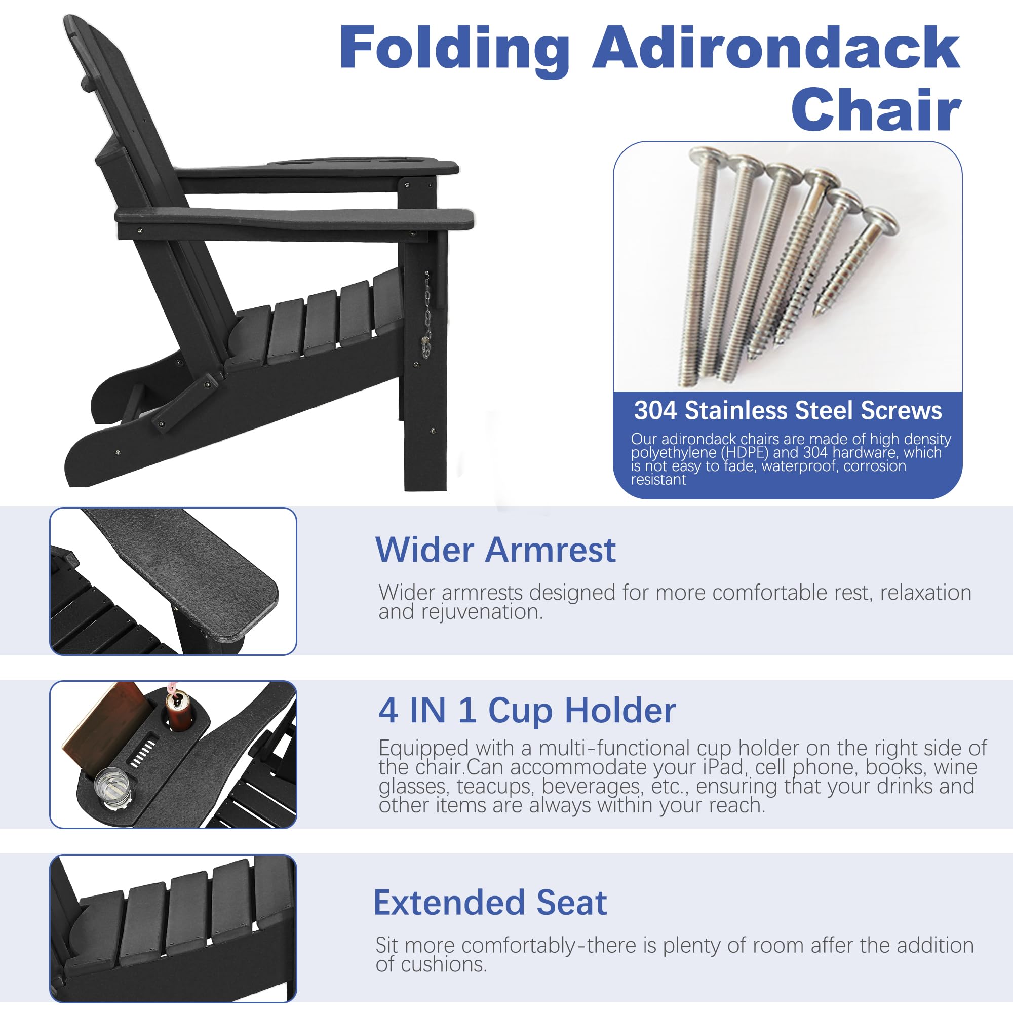 FOOWIN 4-Piece HDPE Folding Adirondack Chair Set - All-Weather Resistant Outdoor Furniture with 4-in-1 Cup Holder Trays - Perfect for Patio, Garden, Backyard, Deck & Fire Pit Gatherings (Black)