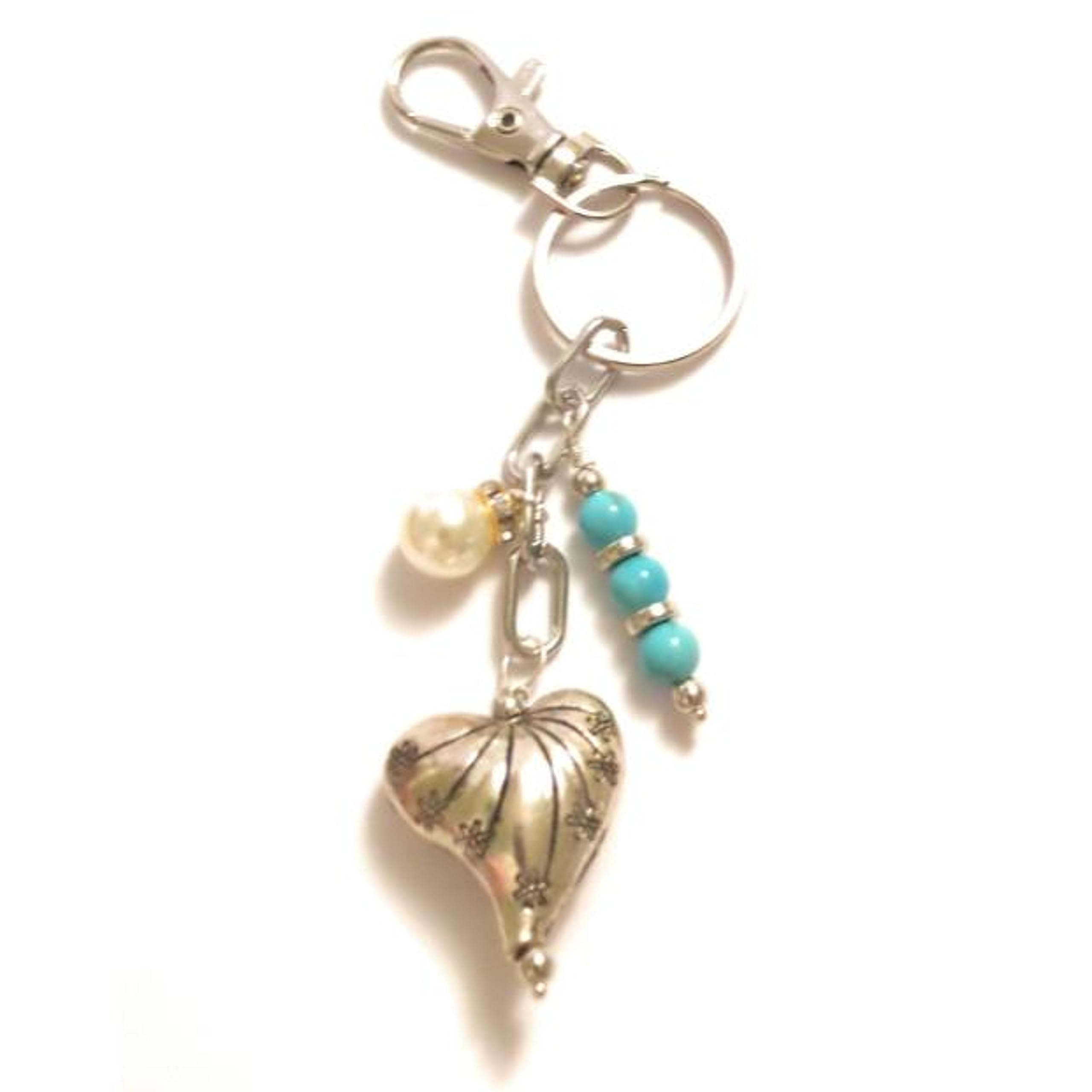 Silver Heart Backpack Charm Keychain with Turquoise Pearl Dangle - 3 Inch Purse Clip for Handbags, Tote Bags & Belts | Perfect for Accessorizing & Gift Giving
