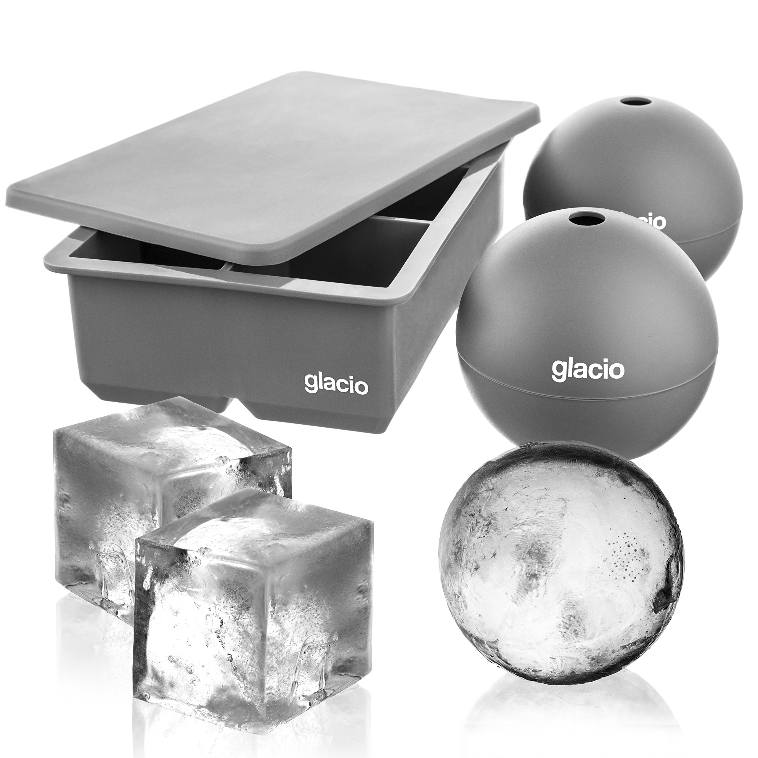 Premium Glacio Ice Cube Molds Set - Large Square Ice Tray with Lid & 2 Big Sphere Molds for Cocktails, Whiskey, and Beverages - Perfect for Home Bars, Parties, and Summer Drinks