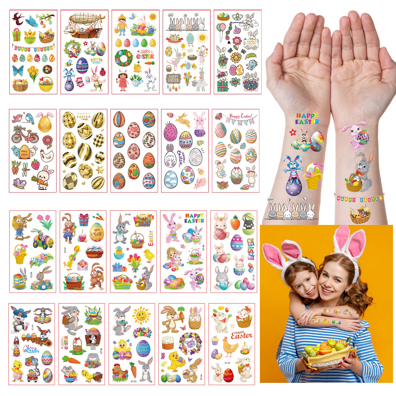 231pcs Easter Temporary Tattoo Stickers for Kids - Bunny, Egg & Spring Designs for Hands, Face & Body - Perfect for Easter Basket Stuffers, Egg Hunts & Party Favors - Fun Easter Decorations & Activities