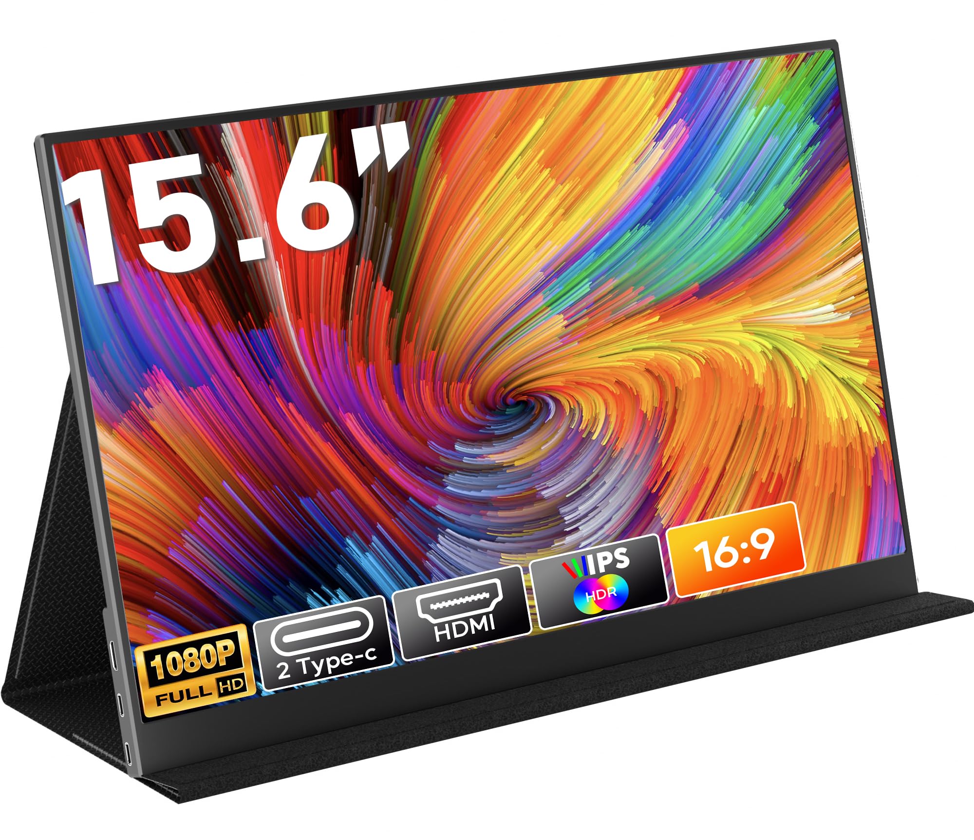 HONGO 15.6 Inch Portable Monitor - Full HD 1080P IPS Screen with Dual Speakers, USB-C & HDMI Ports for Laptop, PC, Mac, PS5, Xbox | Eye Care External Display with Protective Case | Perfect for Work, Gaming, and Travel