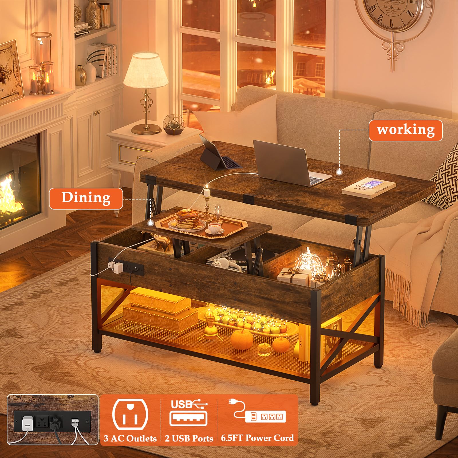Aheaplus Lift Top Coffee Table with LED Lights & Power Outlets - Convertible Dining Table with Storage Shelves, Rustic Brown Center Table for Living Room, Home Office & Reception Areas | Perfect for Small Spaces, Entertaining Guests & Remote Work