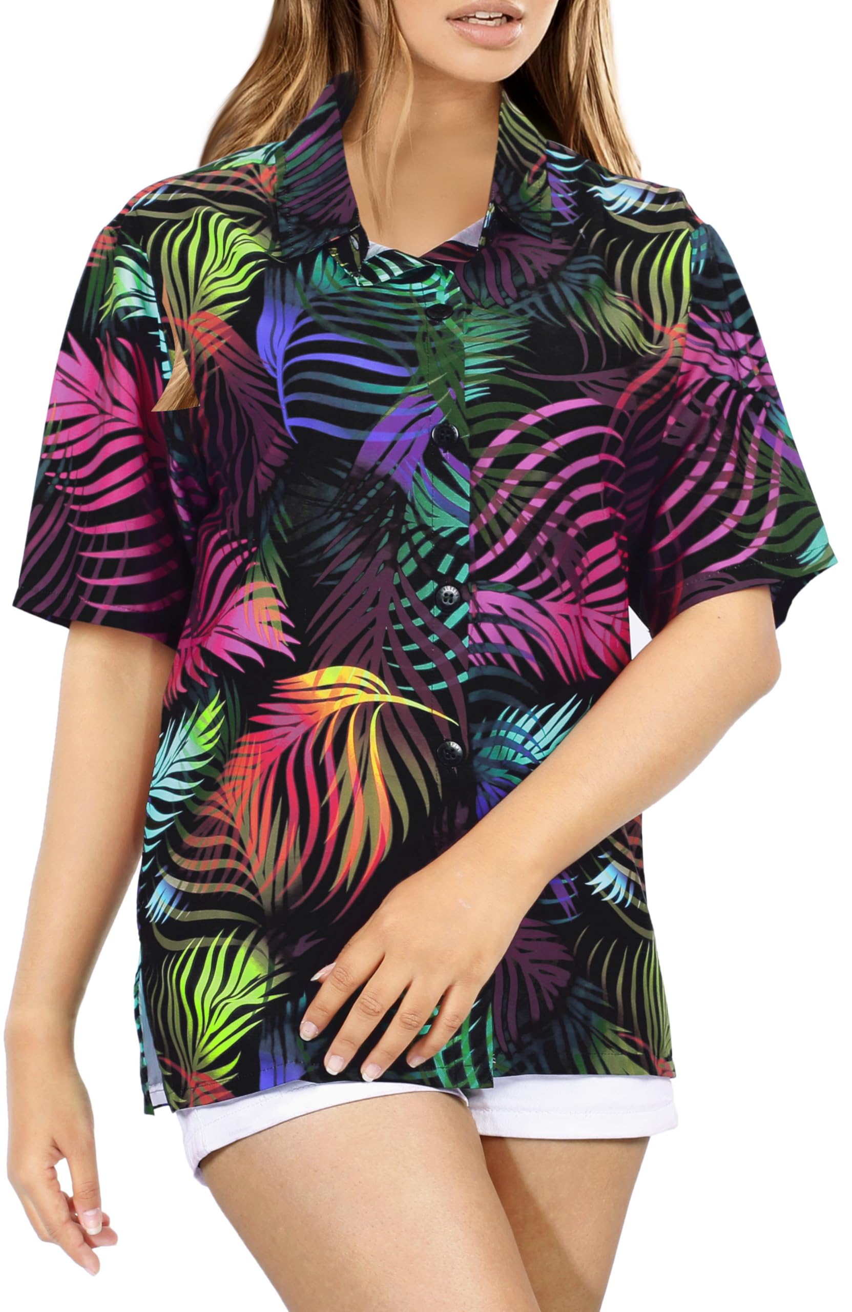 HAPPY BAY Women's Hawaiian Shirt - Floral Short Sleeve Beach Blouse for Summer Vacation, Pool Party & Tropical Getaway
