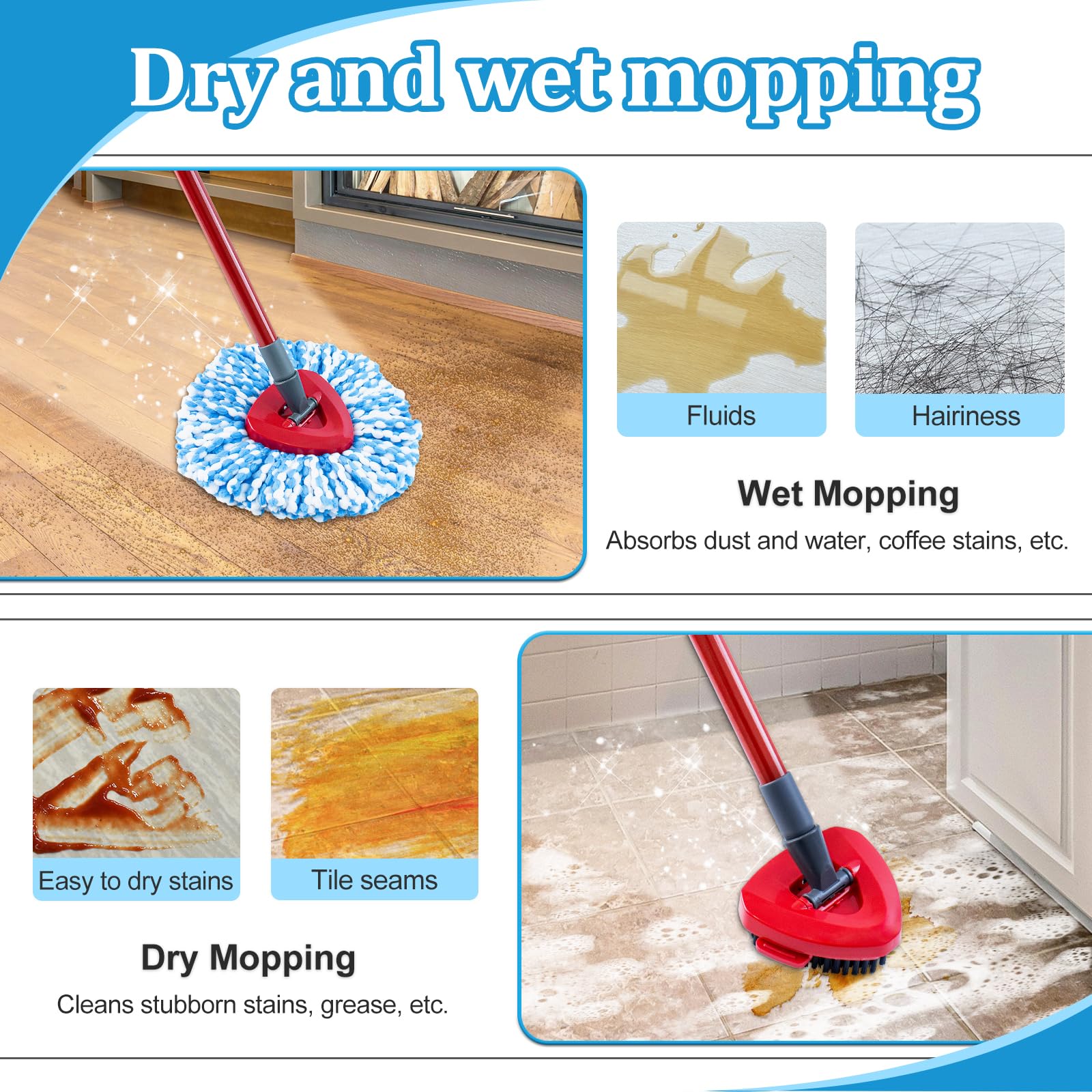 Spin Mop Handle and Replacement Heads for O-Cedar RinseClean 2-Tank System - Wet/Dry Floor Cleaning Combo Set with Scrubber Mop Head & Base - Perfect for Kitchen, Bathroom, and Hardwood Floors