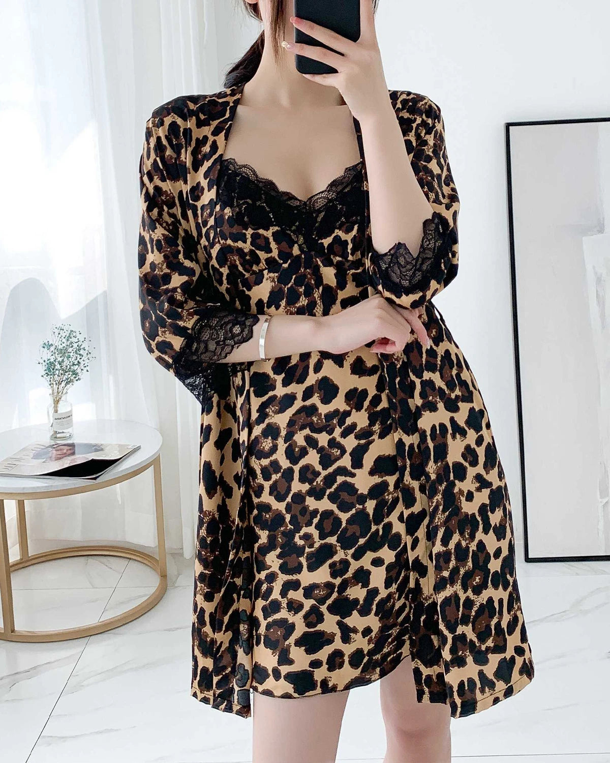 Leopard Print Silk Nightgown and Robe Set - Women's Luxurious Sleepwear for Valentine's Day & Honeymoon