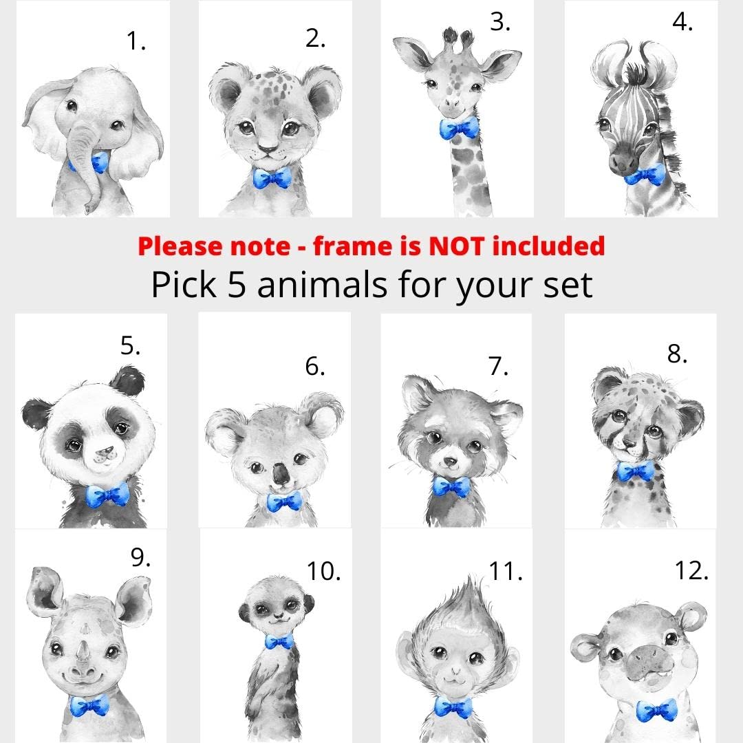 Personalized Safari Animal Nursery Wall Art - Set of 6 Unframed 11x14 Poster Prints with Custom Name (Elephant, Giraffe, Lion, Zebra) - Blue Green Yellow Bow Tie Decor for Baby Boys Room - Perfect Baby Shower Gift & Nursery Decor for Jungle Theme Bedrooms