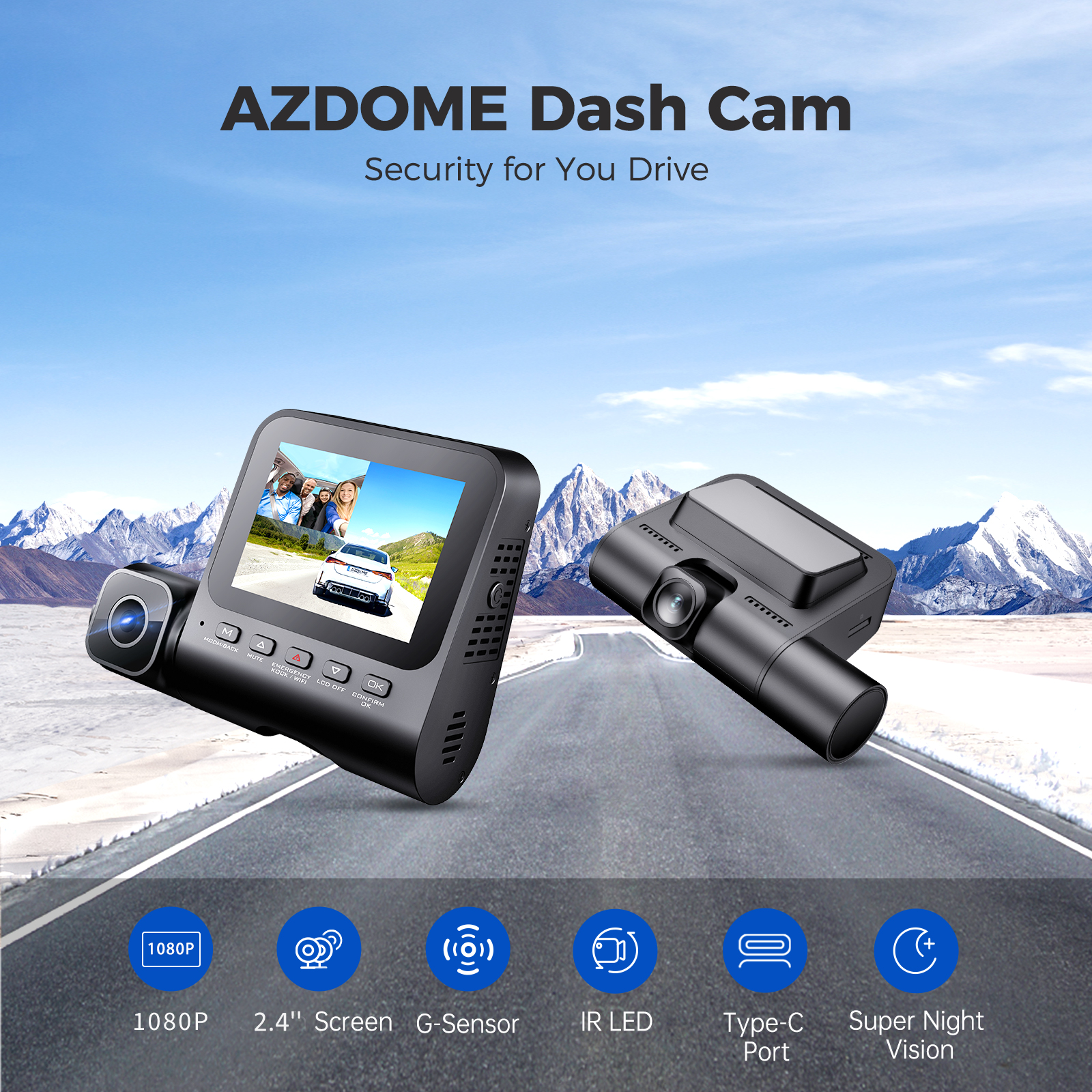 AZDOME V600 3 Channel Dash Cam with Front, Rear & Inside View - 1080P FHD Dashboard Camera with 2.4