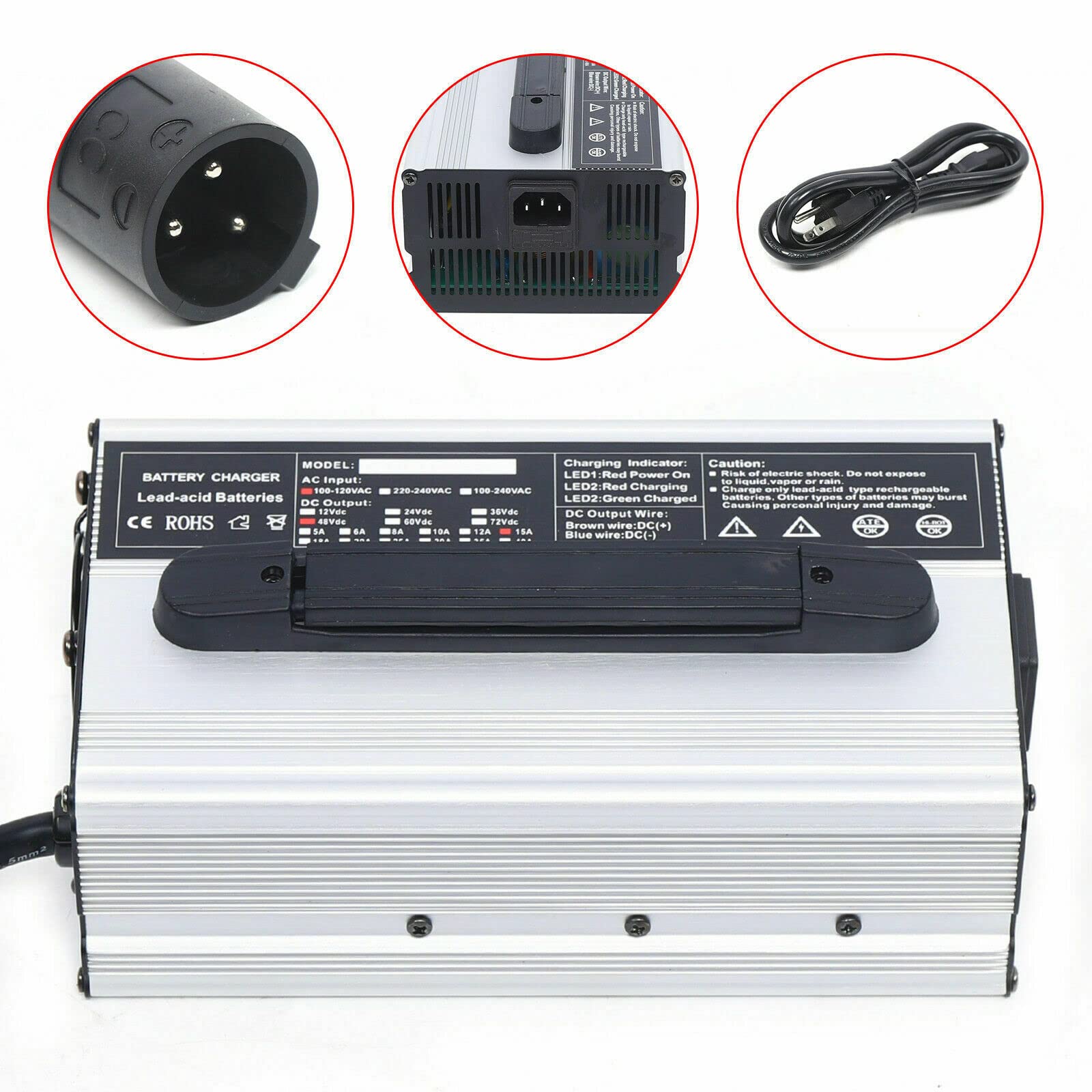 Club Car 48V 15A Golf Cart Battery Charger with 3-Pin Round Connector - Fast Charging Power Supply for Club Car Precedent, Onward & Tempo Models - Perfect for Golf Courses, Resorts & Private Communities (US Stock)