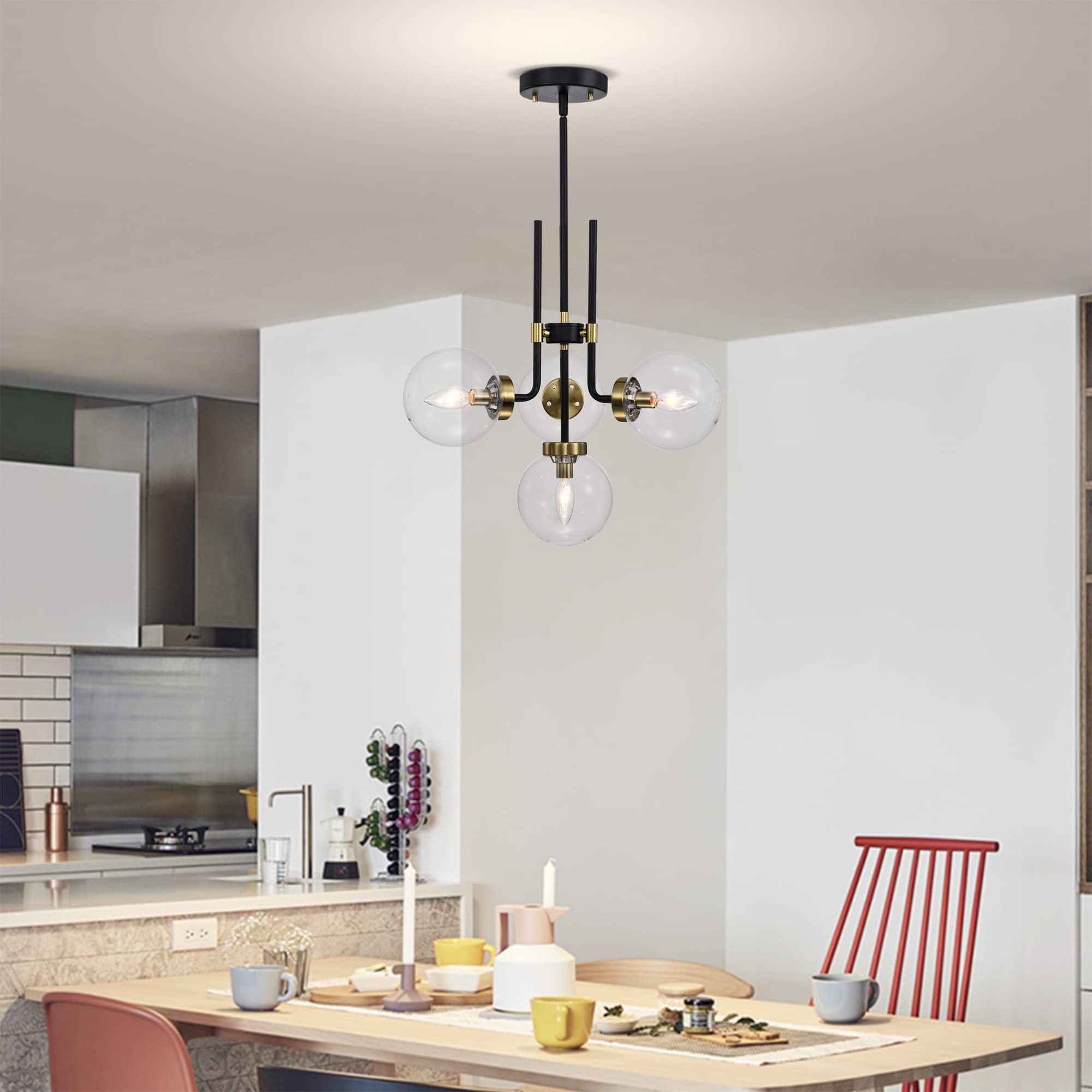 47 Inch Modern Contemporary Ceiling Chandelier in Matte Black & Gold Polish - 4-Light Fixture for Dining Room, Living Room, or Bedroom Lighting