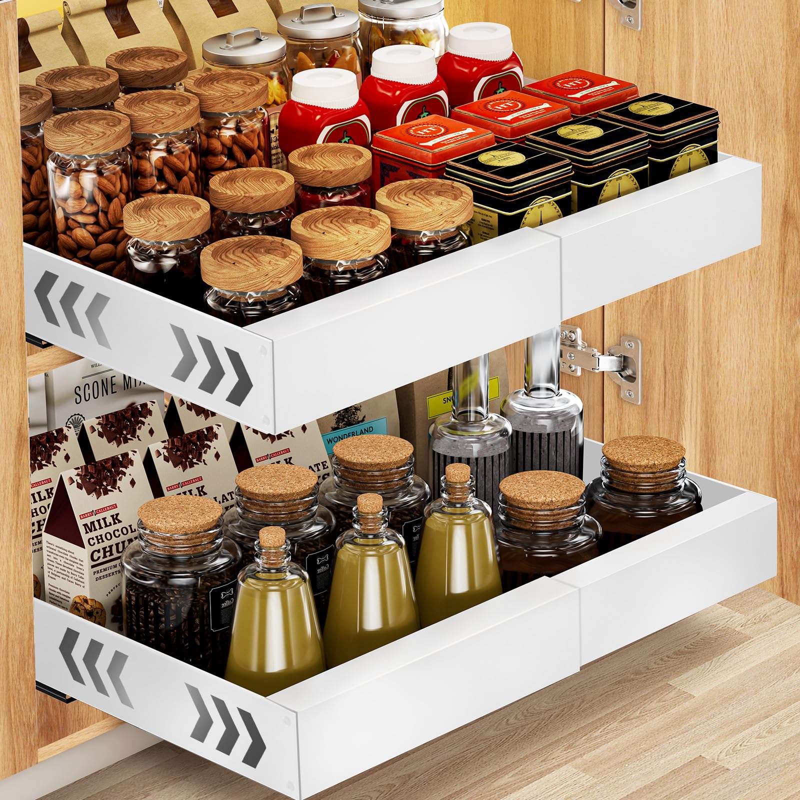 Expandable Pull Out Cabinet Organizer - 2 Pack Heavy Duty Adhesive Slide Out Drawers for Kitchen, Pantry & Bathroom Storage | Space Saving Sliding Shelves for Cabinets (Not for Cabinets with Lips) | Perfect for Organizing Spices, Utensils & Toiletries