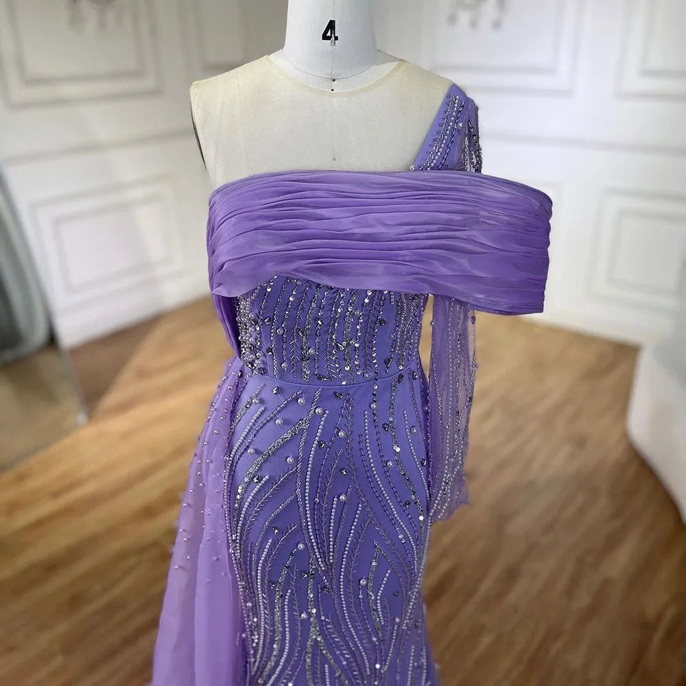 Elegant Purple Arabic Evening Dress with Side Train & Pearls - One Shoulder Formal Gown for Women | Perfect for Prom, Wedding & Special Occasions | 2025 LA72332A