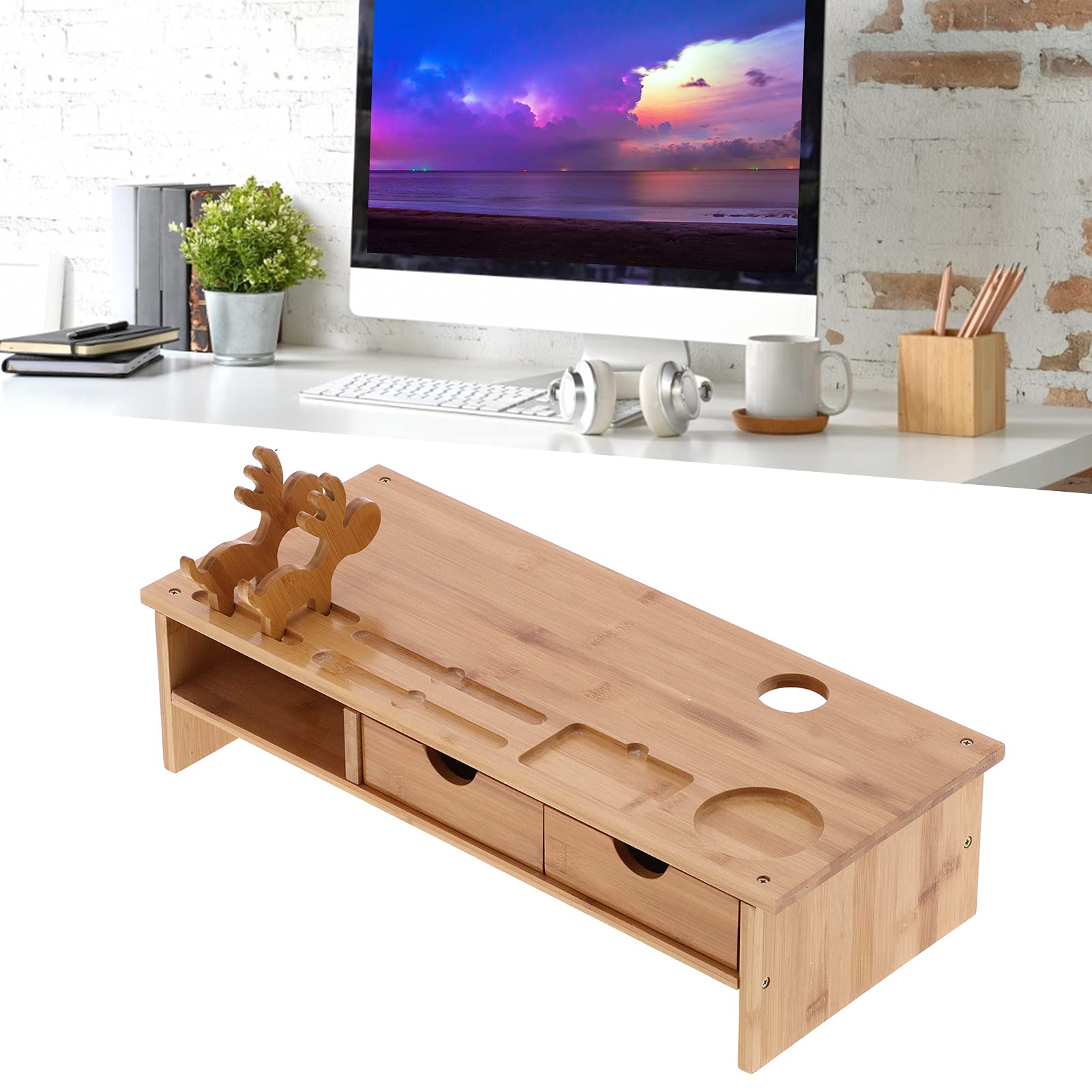 BigKing Bamboo Monitor Stand Riser with 2 Drawers - Home & Office Desktop Organizer for Computer, Laptop, Printer & Cellphone - Perfect for Workspace Organization & Ergonomic Setup