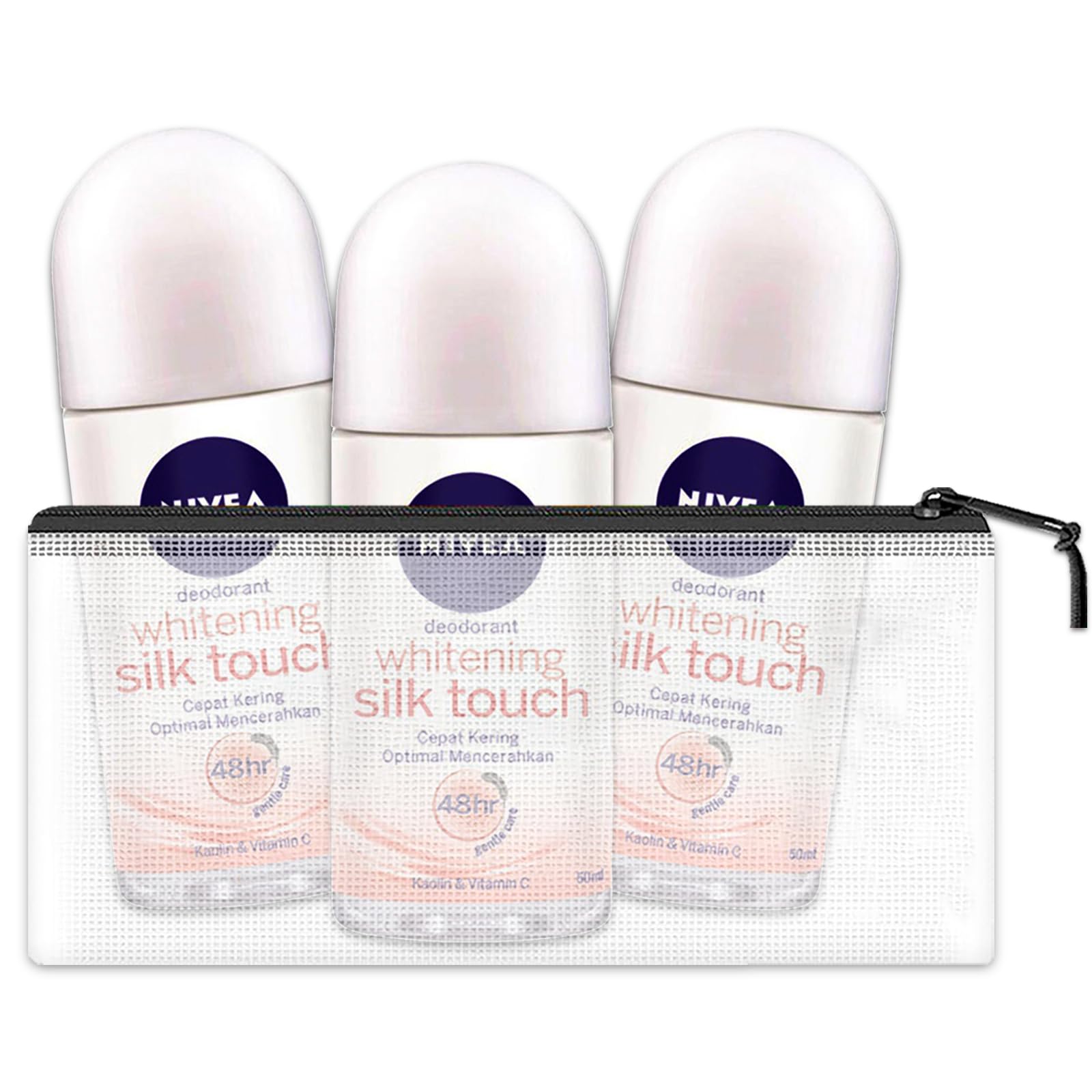 Nivea Brightening Silk Touch Deodorant for Women - 3 Pack Roll-On Anti-Perspirant Travel Size (50ml Each) with Free Travel Bag | Perfect for Gym, Office & Vacation