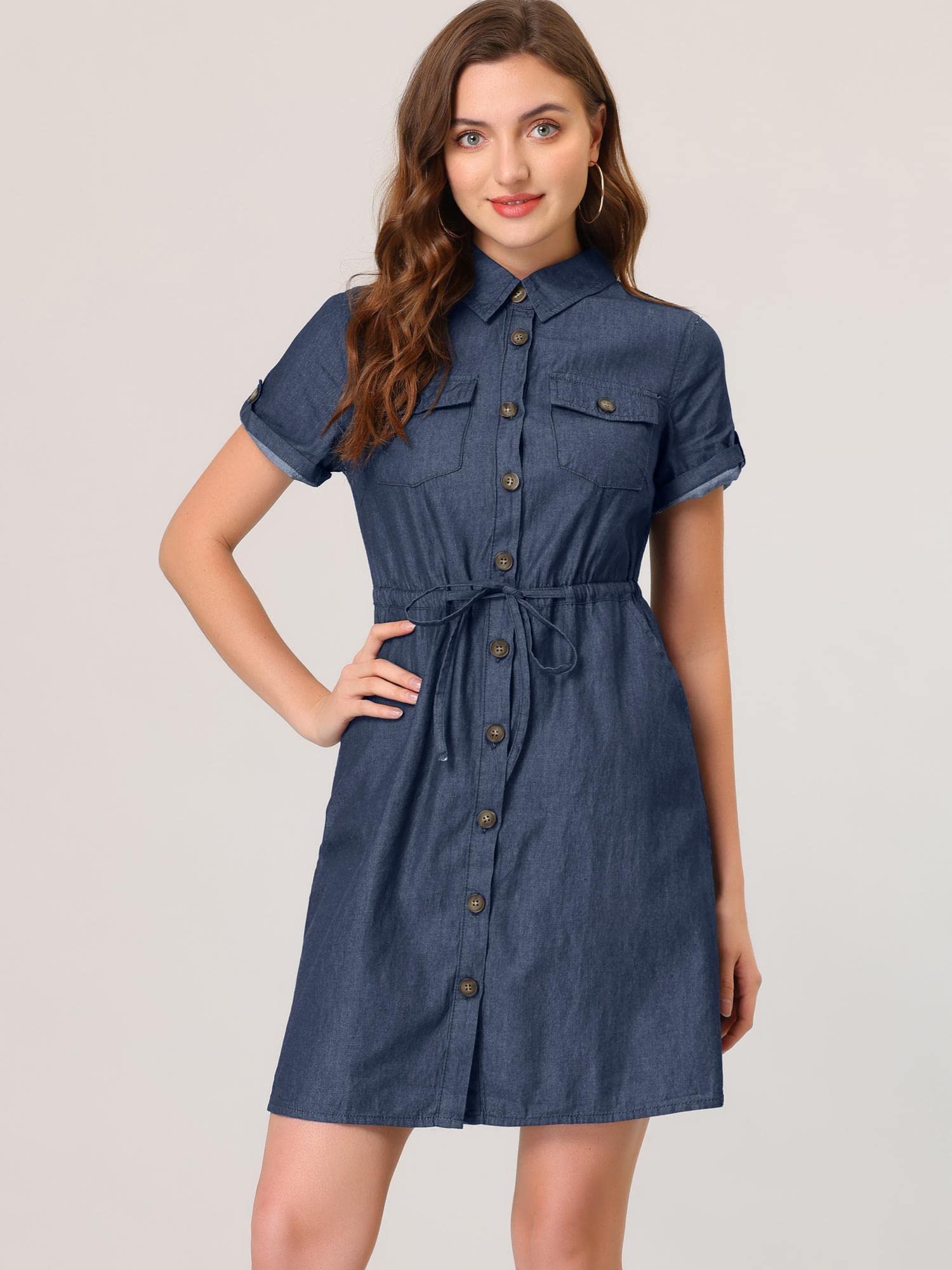 Allegra K Women's Denim Dress - Point Collar Button Down Jean Dress for Summer Casual Wear | Perfect for Brunch, Beach Outings & Weekend Getaways