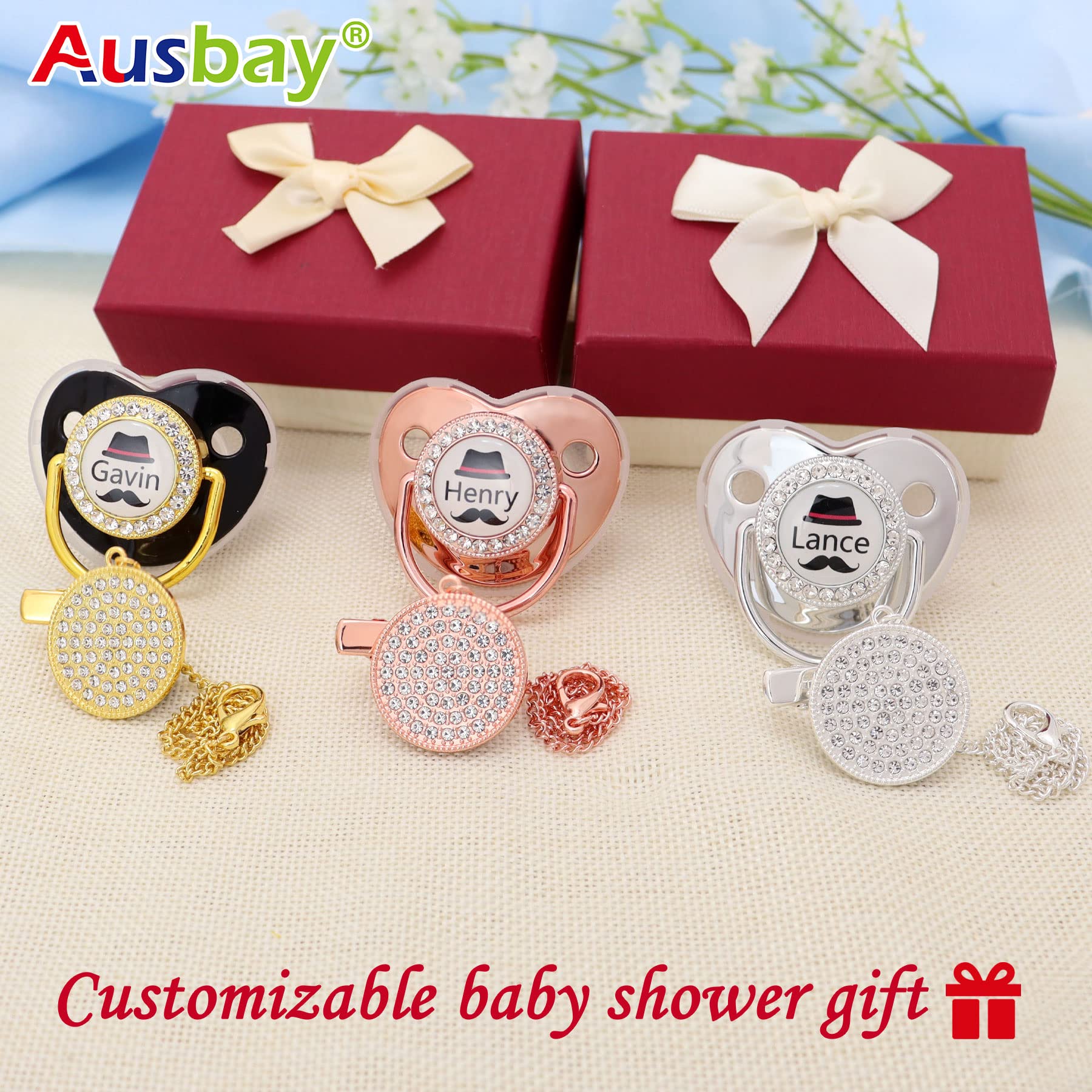 Personalized Baby Pacifier and Pacifier Clip Set with Name - BPA Free, Bling Gold/Silver/Pink/Rose Gold - Luxurious Newborn Gift for Baby Showers, Christenings & Birthdays (Rose Gold)