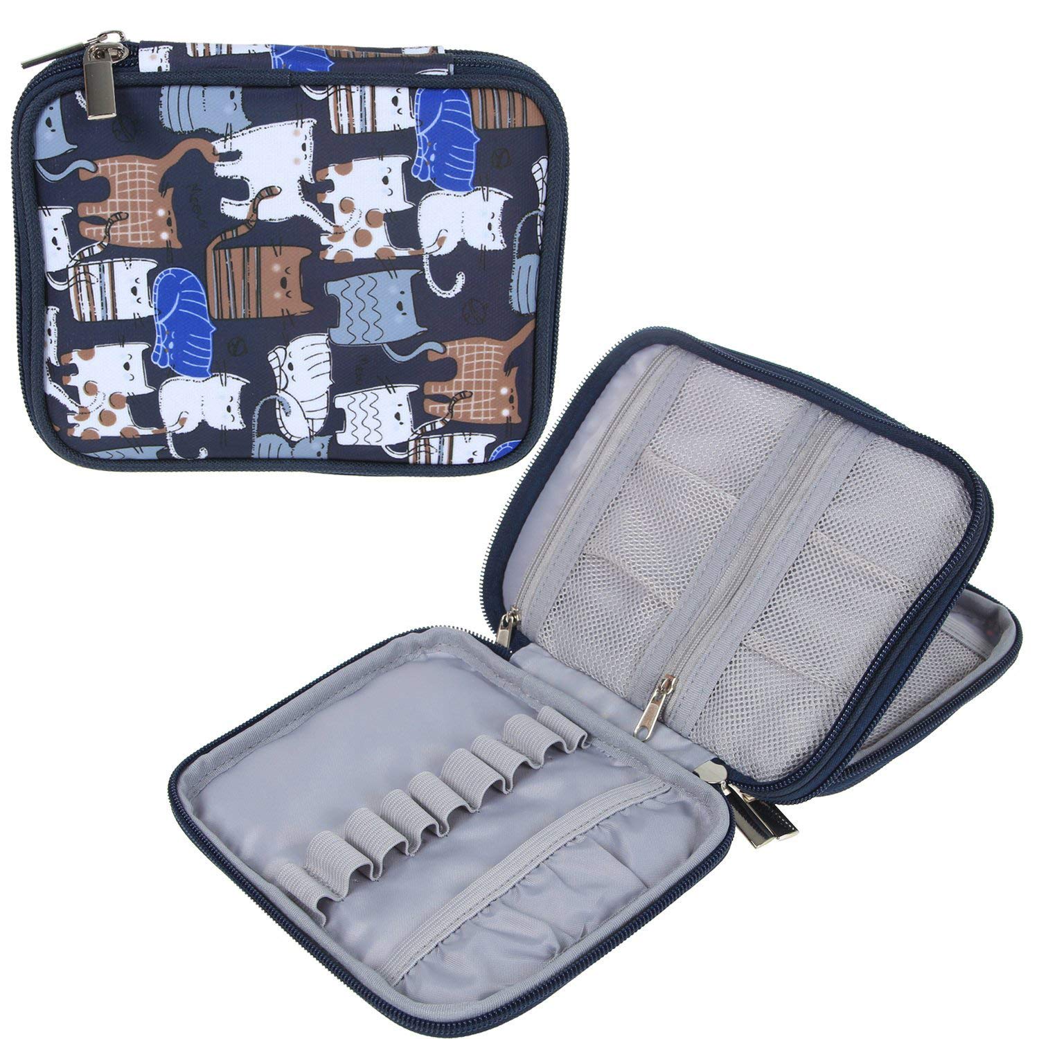 Teamoy Crochet Hook Case - Empty Organizer with Multiple Pockets for Needles & Knitting Accessories, Cats Blue | Portable Storage for Crochet Hooks, Knitting Needles & Yarn Tools | Perfect for Crafters, Travel & Home Organization