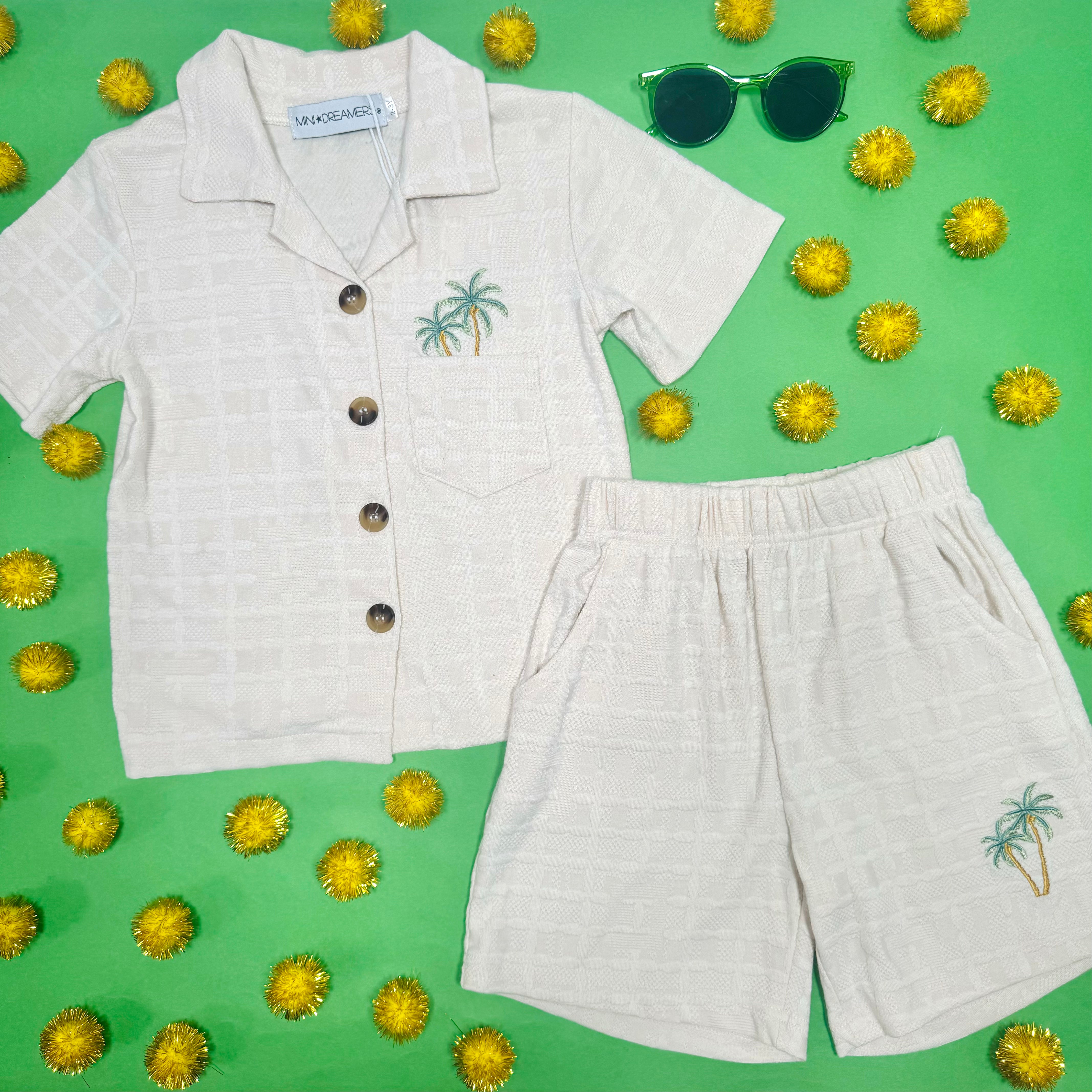 Jordan Palm Trees Knitted Button Down Shirt and Shorts Set - Stylish Summer Outfit for Beach, Vacation & Casual Wear